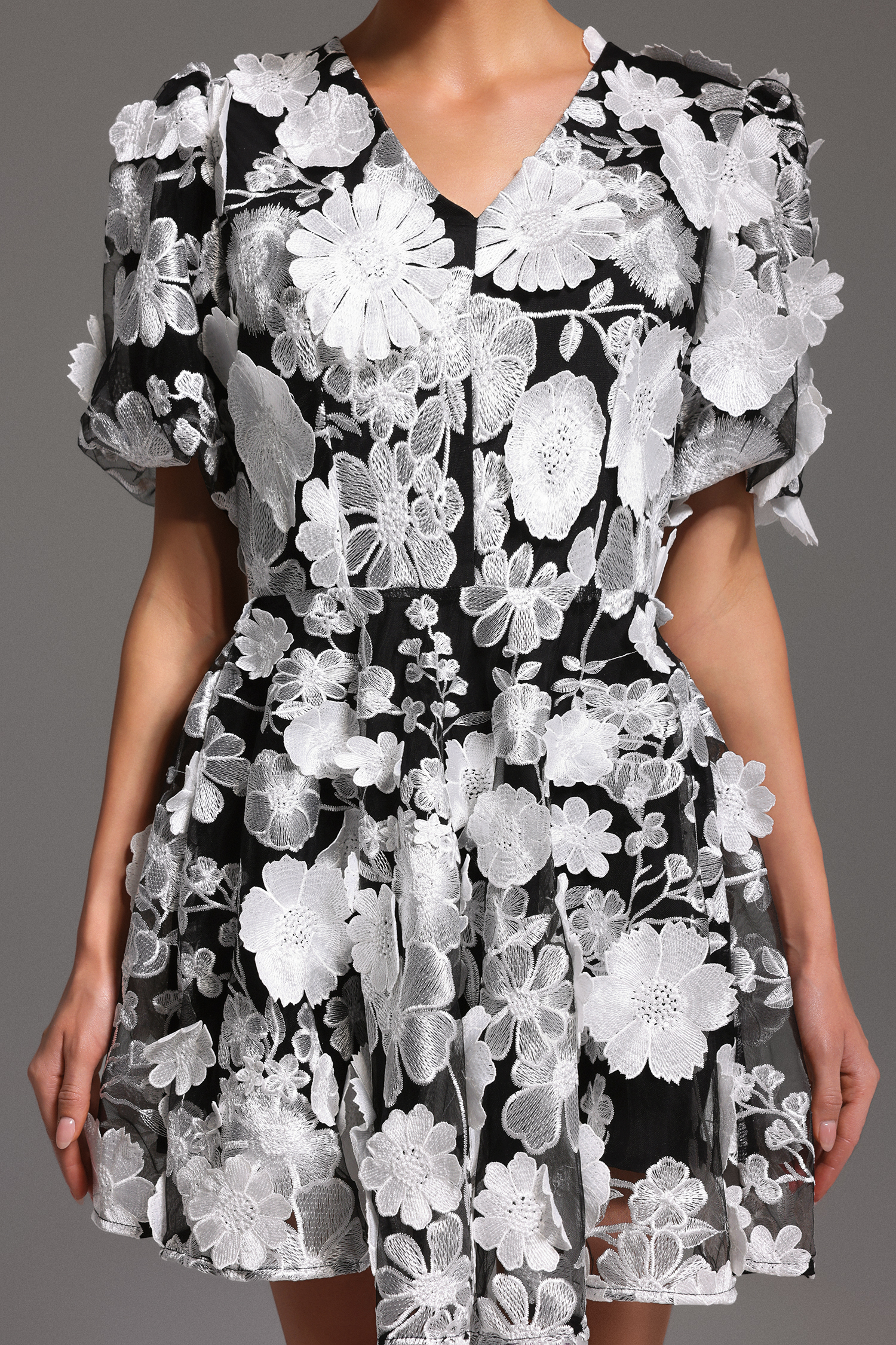 Laly Short Sleeve V-Neck Flowers Mini Dress