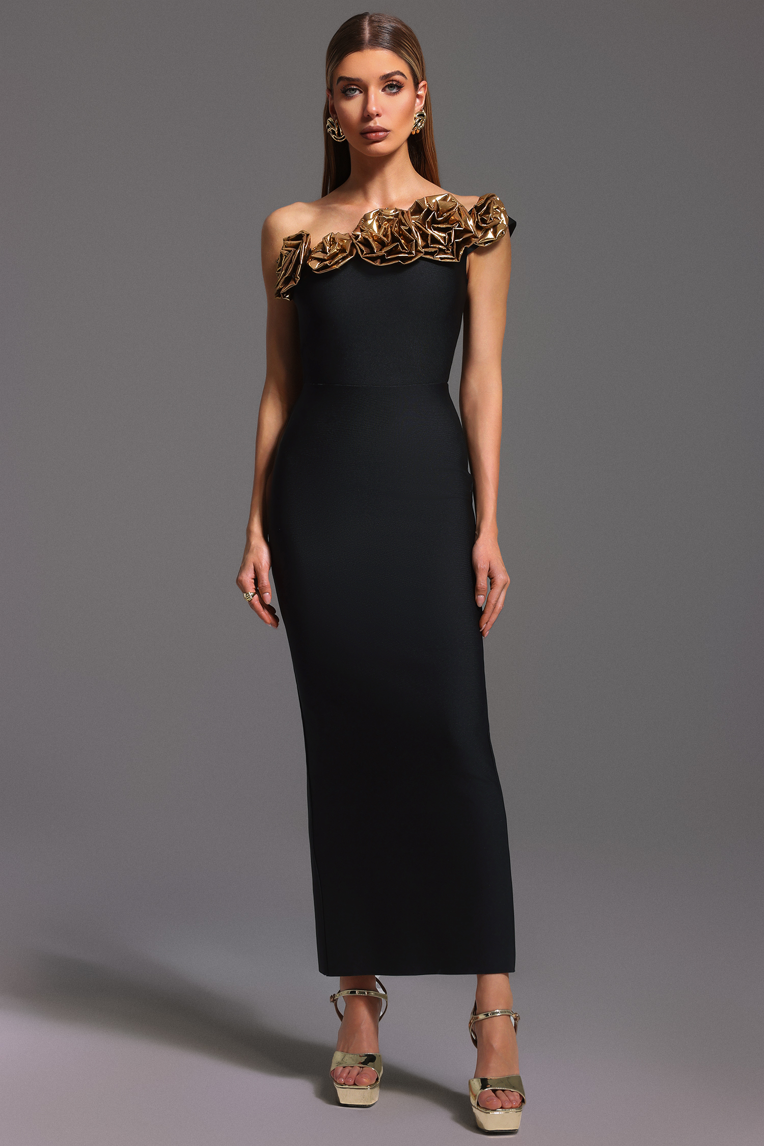 Slaia One Shoulder Flowers Bandage Midi Dress