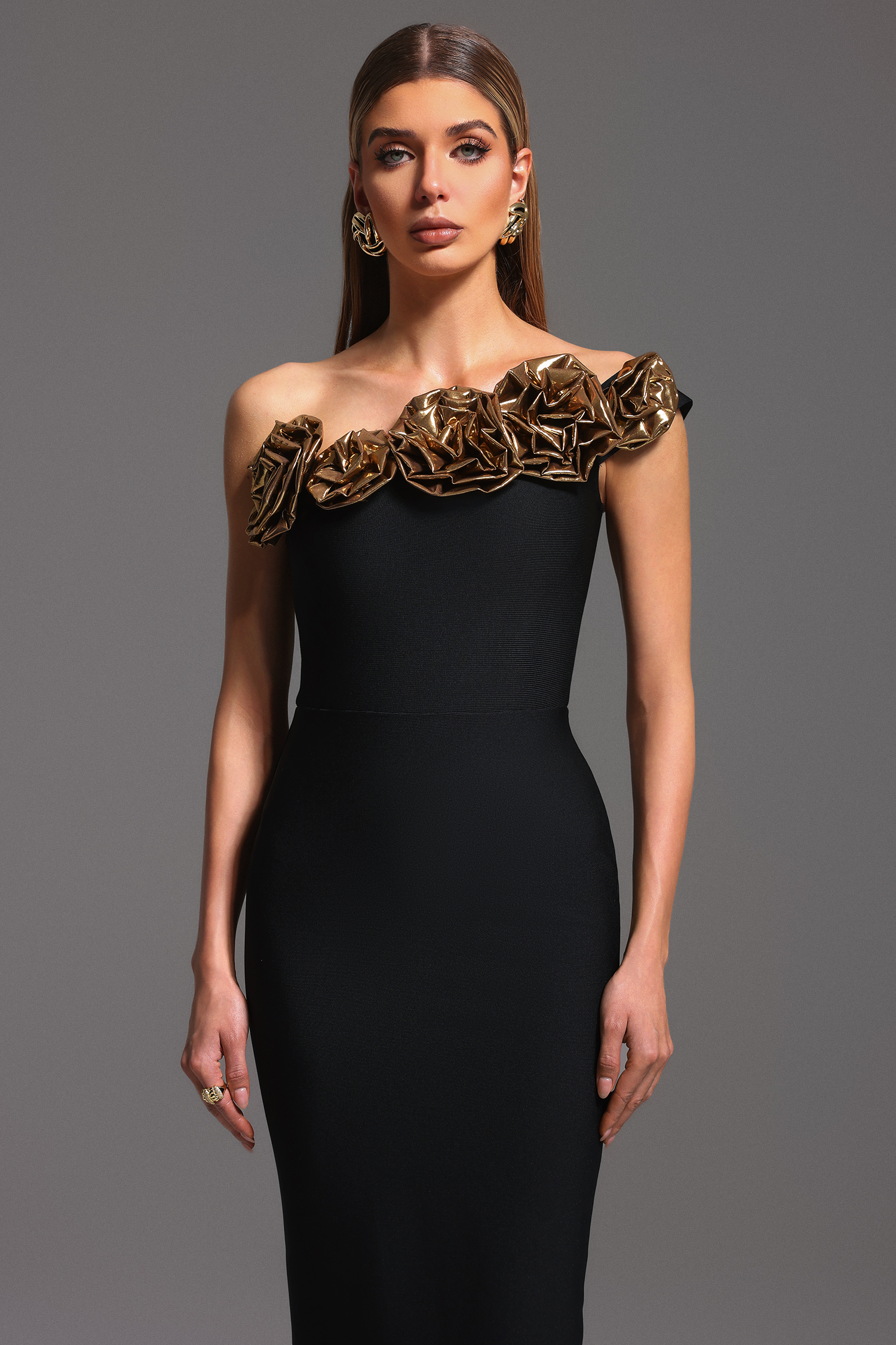 Slaia One Shoulder Flowers Bandage Midi Dress
