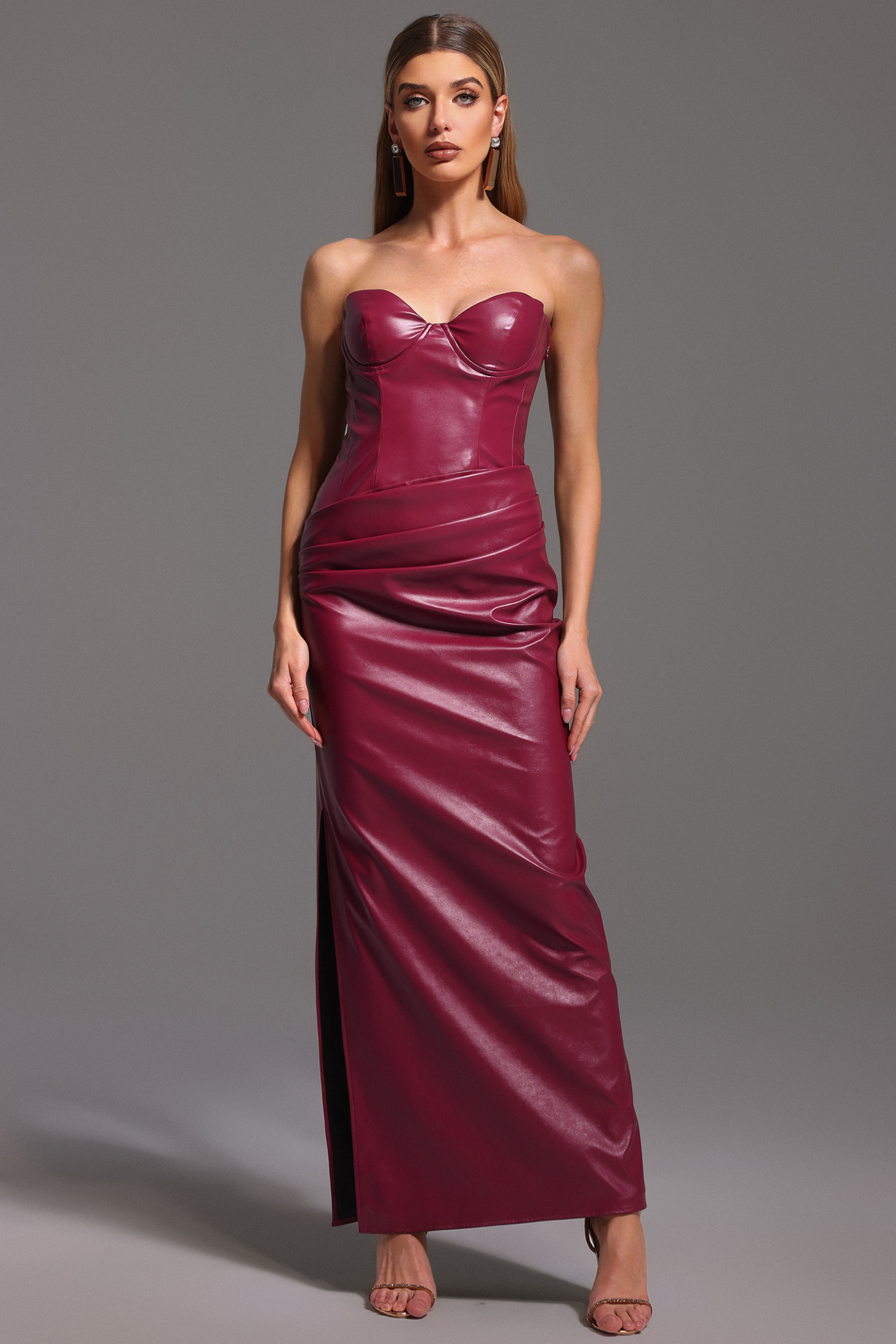 Mila Sleeveless Fold Artificial Leather Maxi Dress