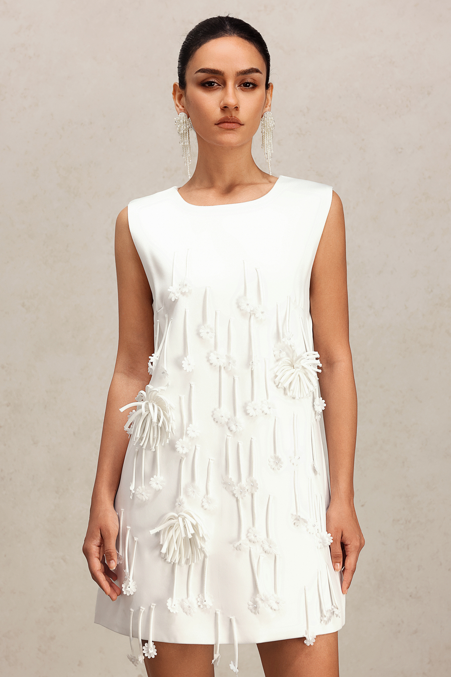 Salama Sleeveless Flowers Tassels Mini Dress