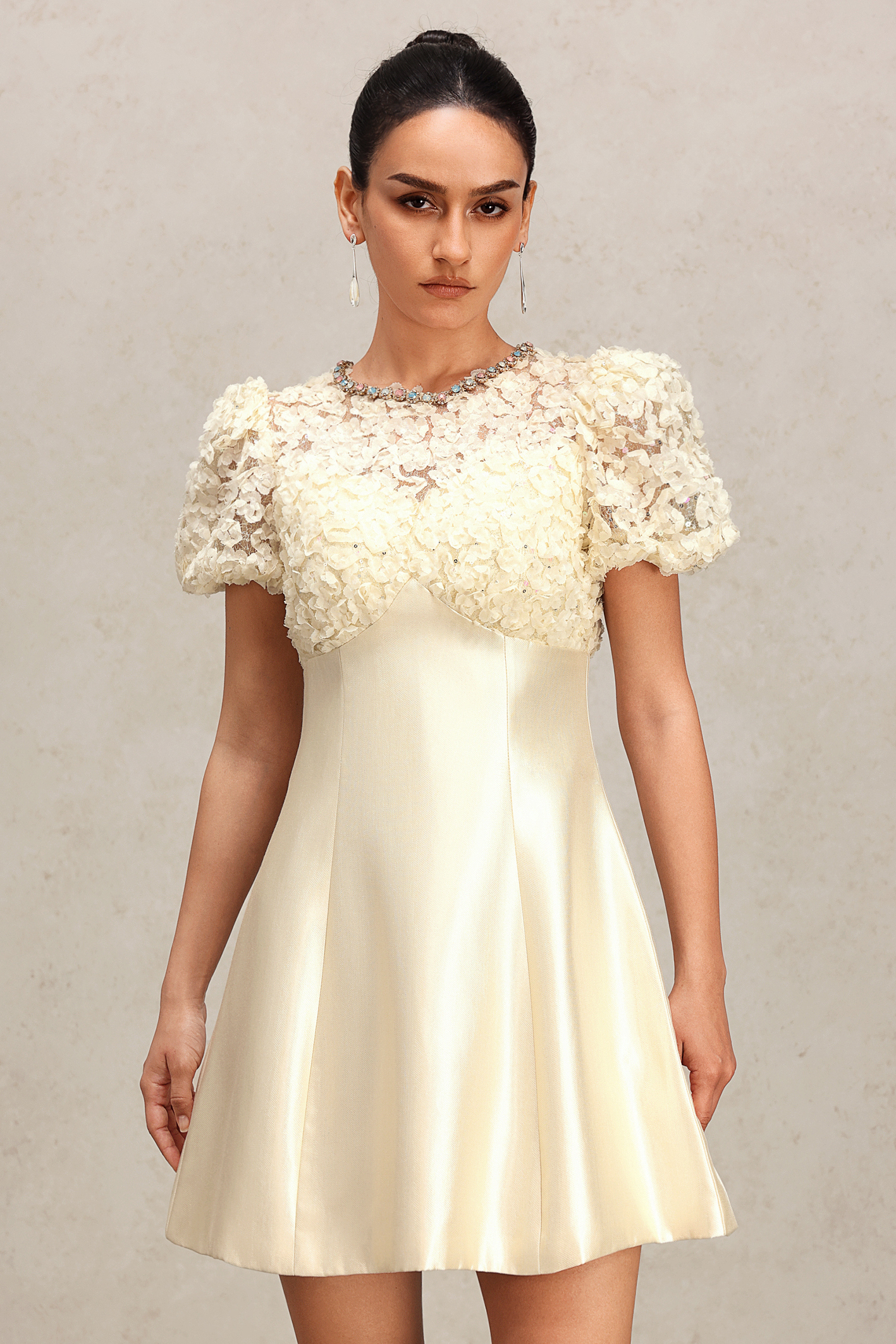 Juno Short Sleeve Embroidery Lace Diamond Mini Dress