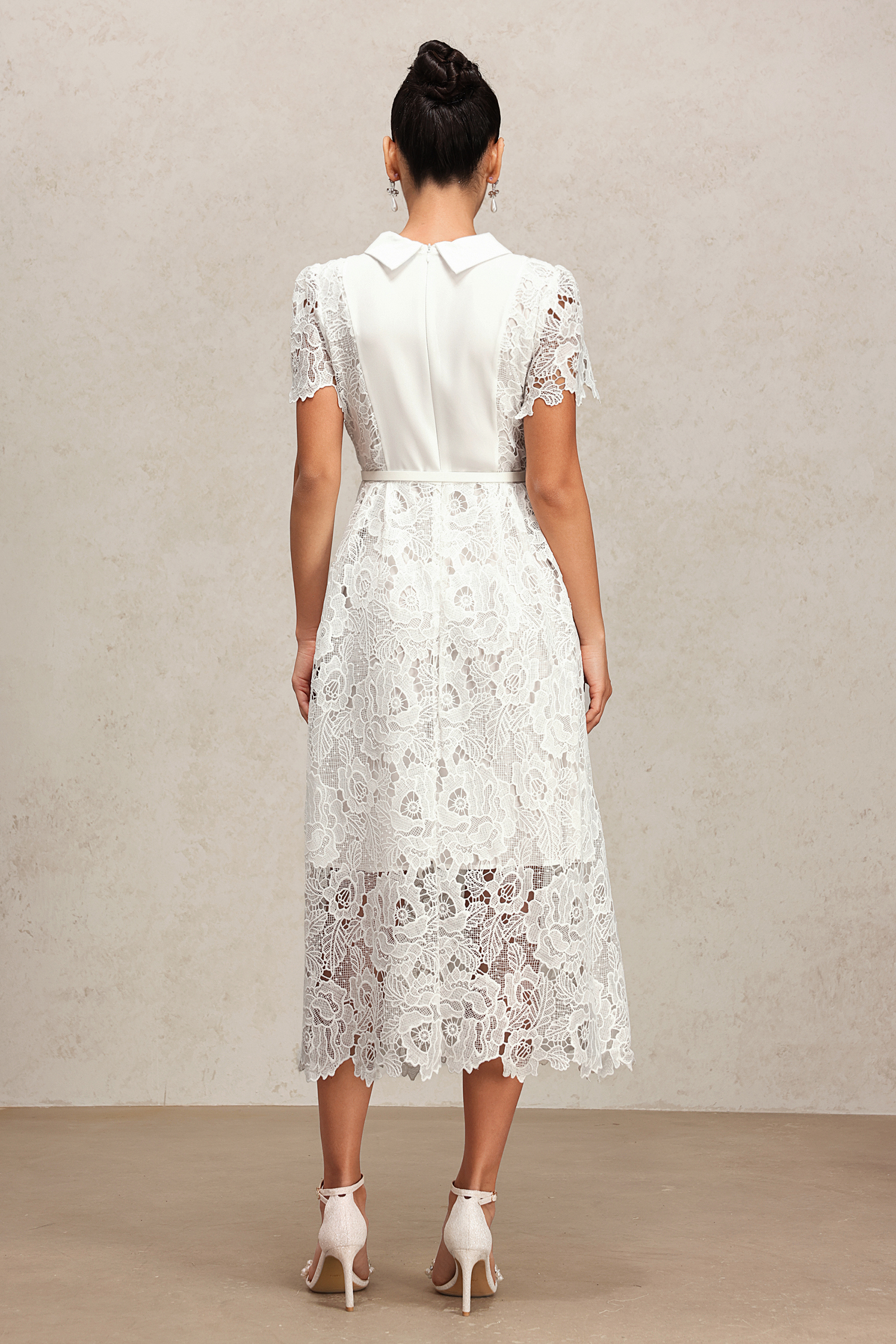 Pora Flowers Lace Short Sleeve  Embroidery Midi Dress