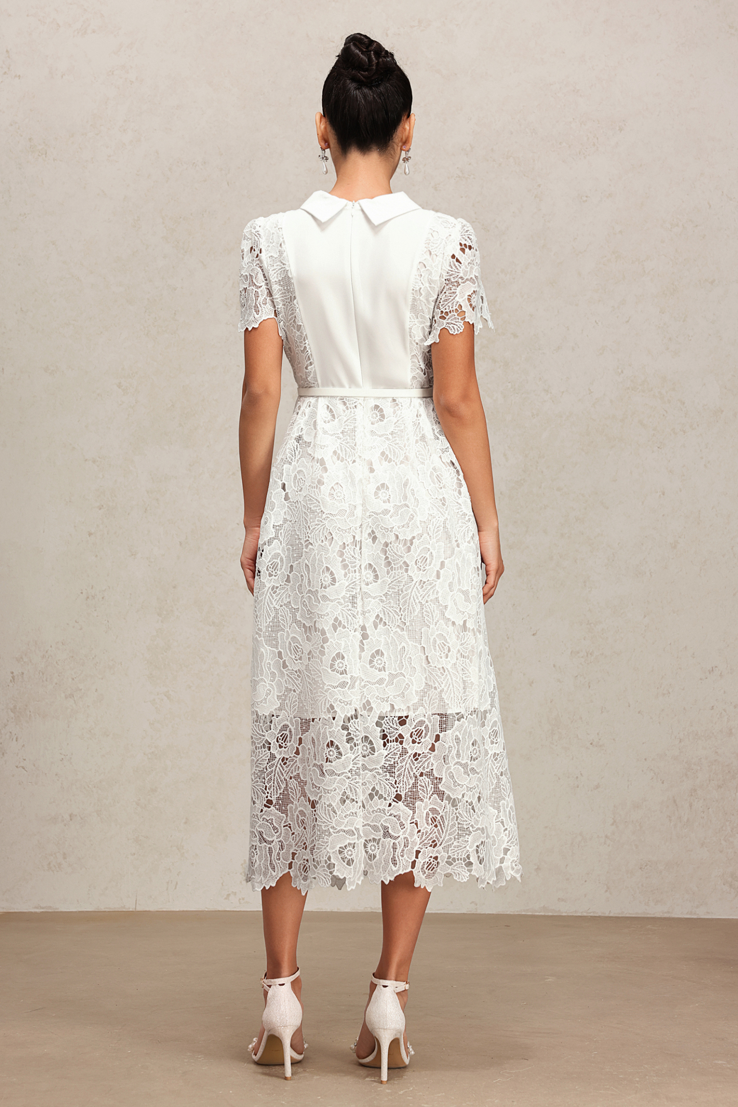 Pora Flowers Lace Short Sleeve Embroidery Midi Dress