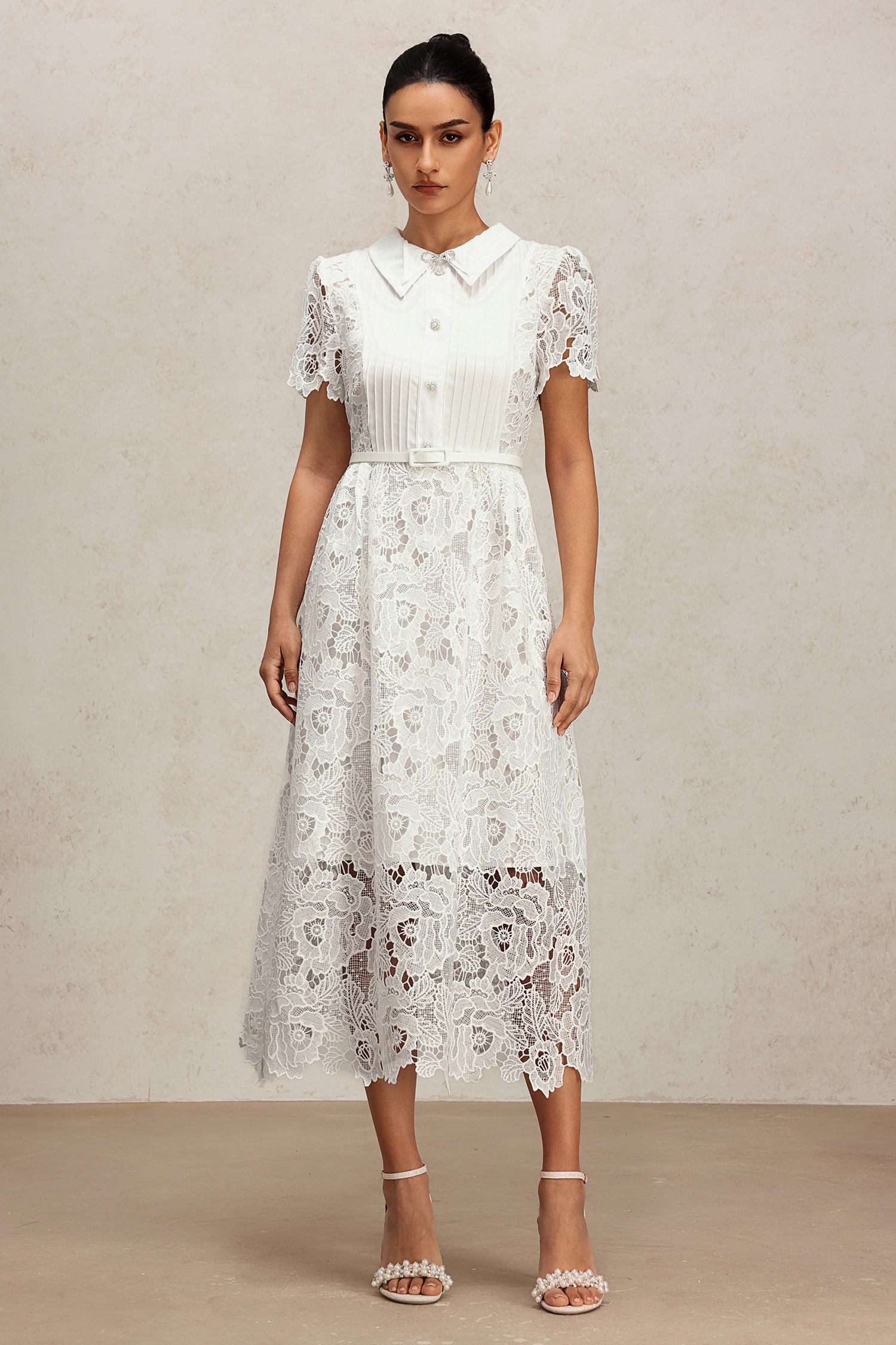 Pora Flowers Lace Short Sleeve  Embroidery Midi Dress