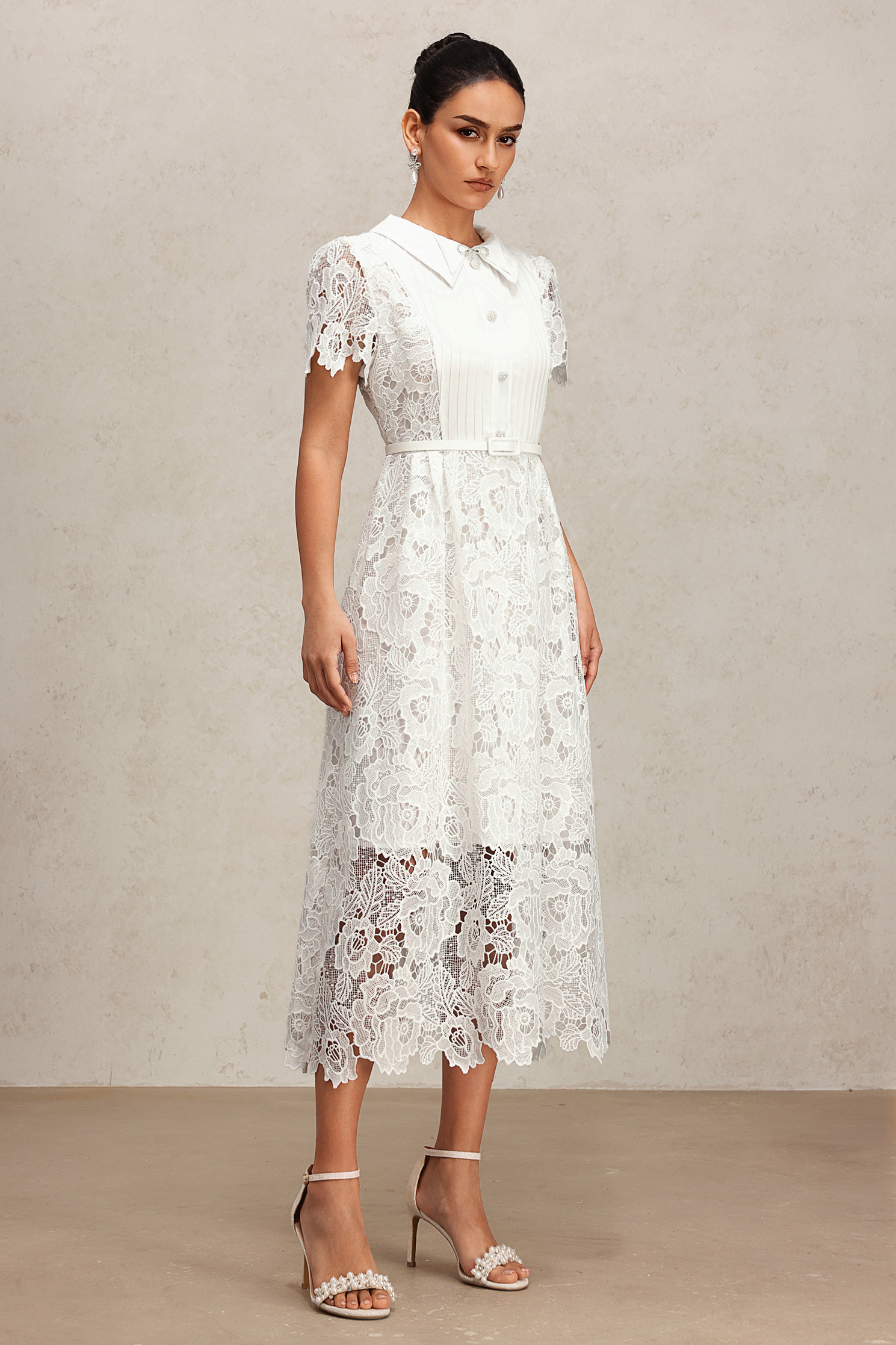 Pora Flowers Lace Short Sleeve  Embroidery Midi Dress