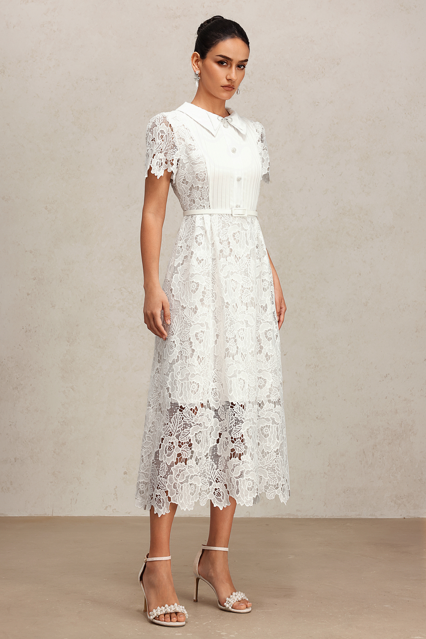 Pora Flowers Lace Short Sleeve Embroidery Midi Dress