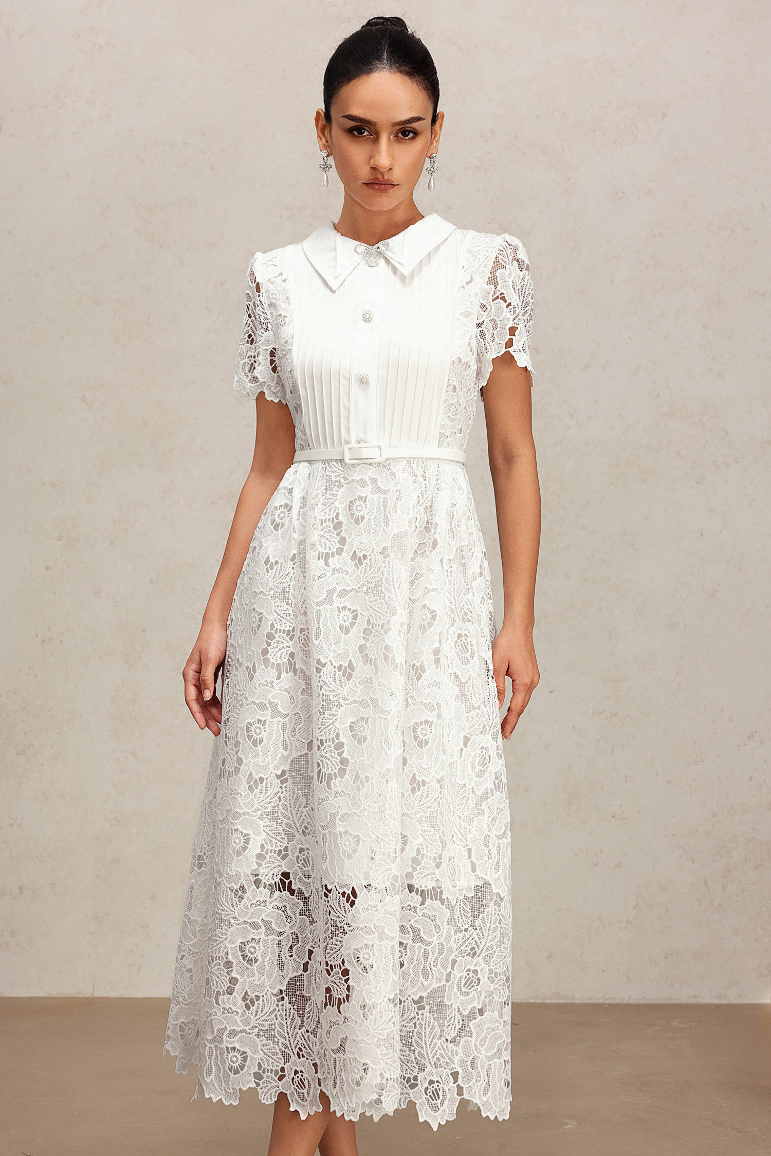 Pora Flowers Lace Short Sleeve  Embroidery Midi Dress