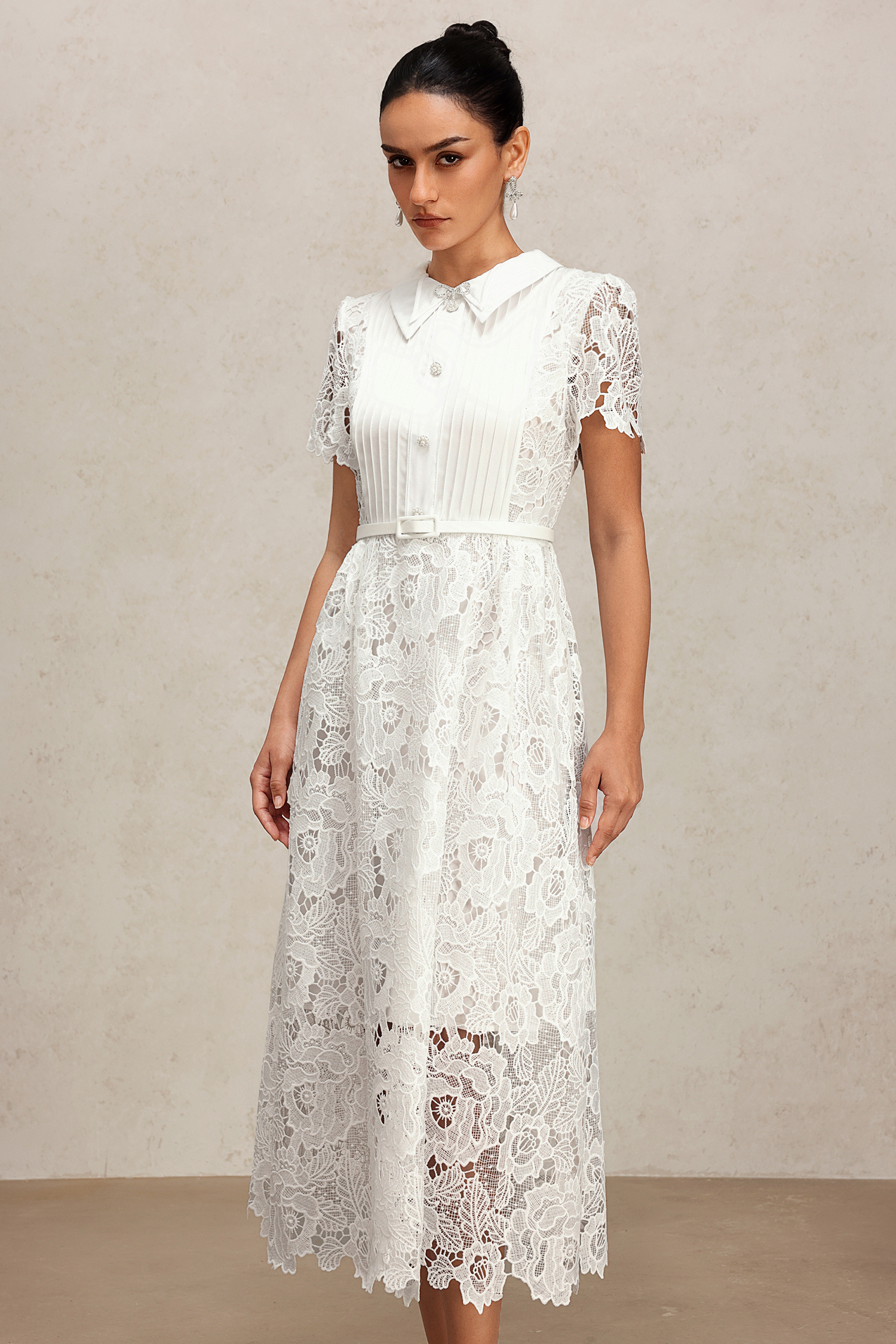 Pora Flowers Lace Short Sleeve  Embroidery Midi Dress