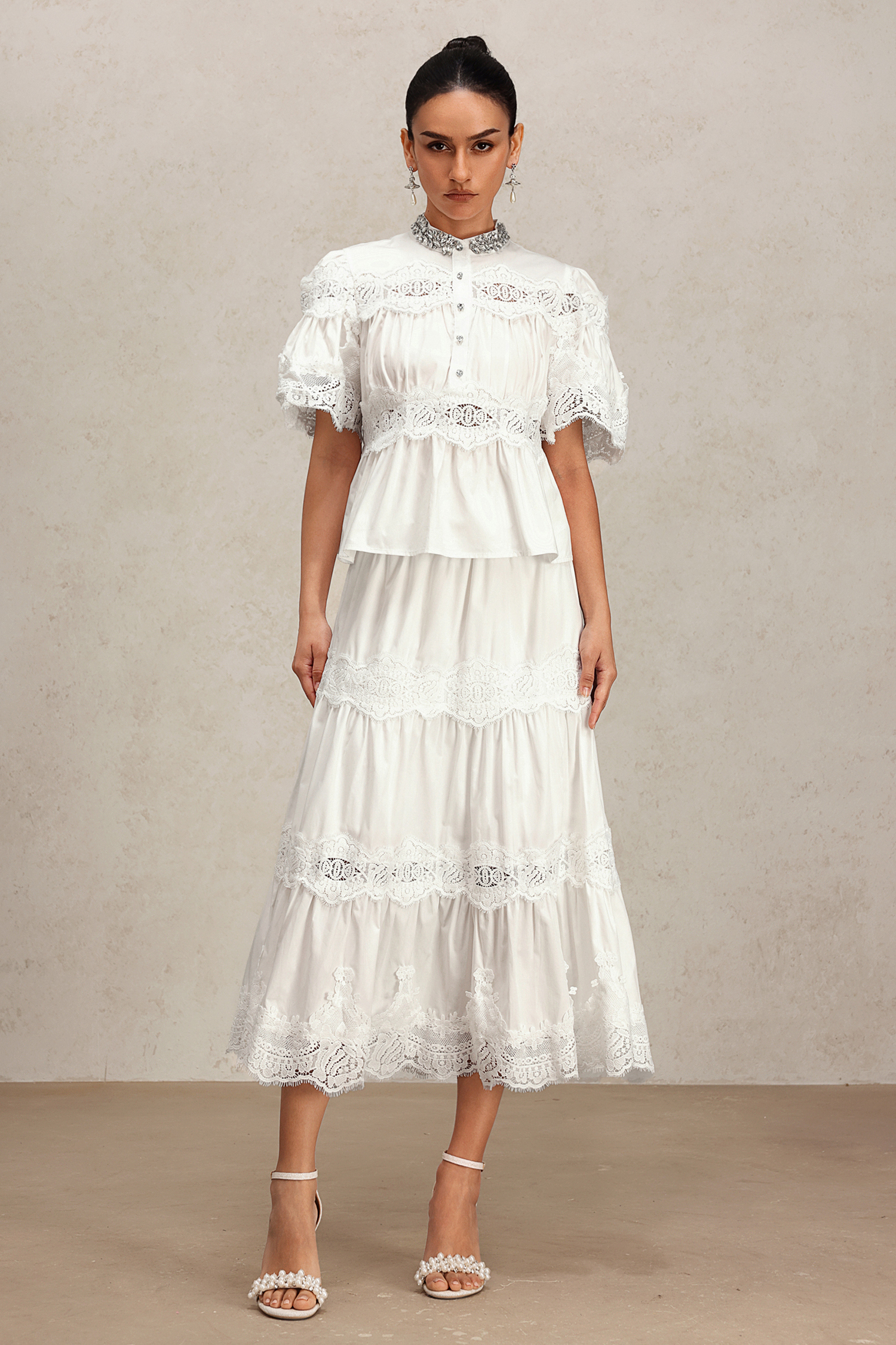 Salla Short Sleeve Lace Diamond Two-Piece Set