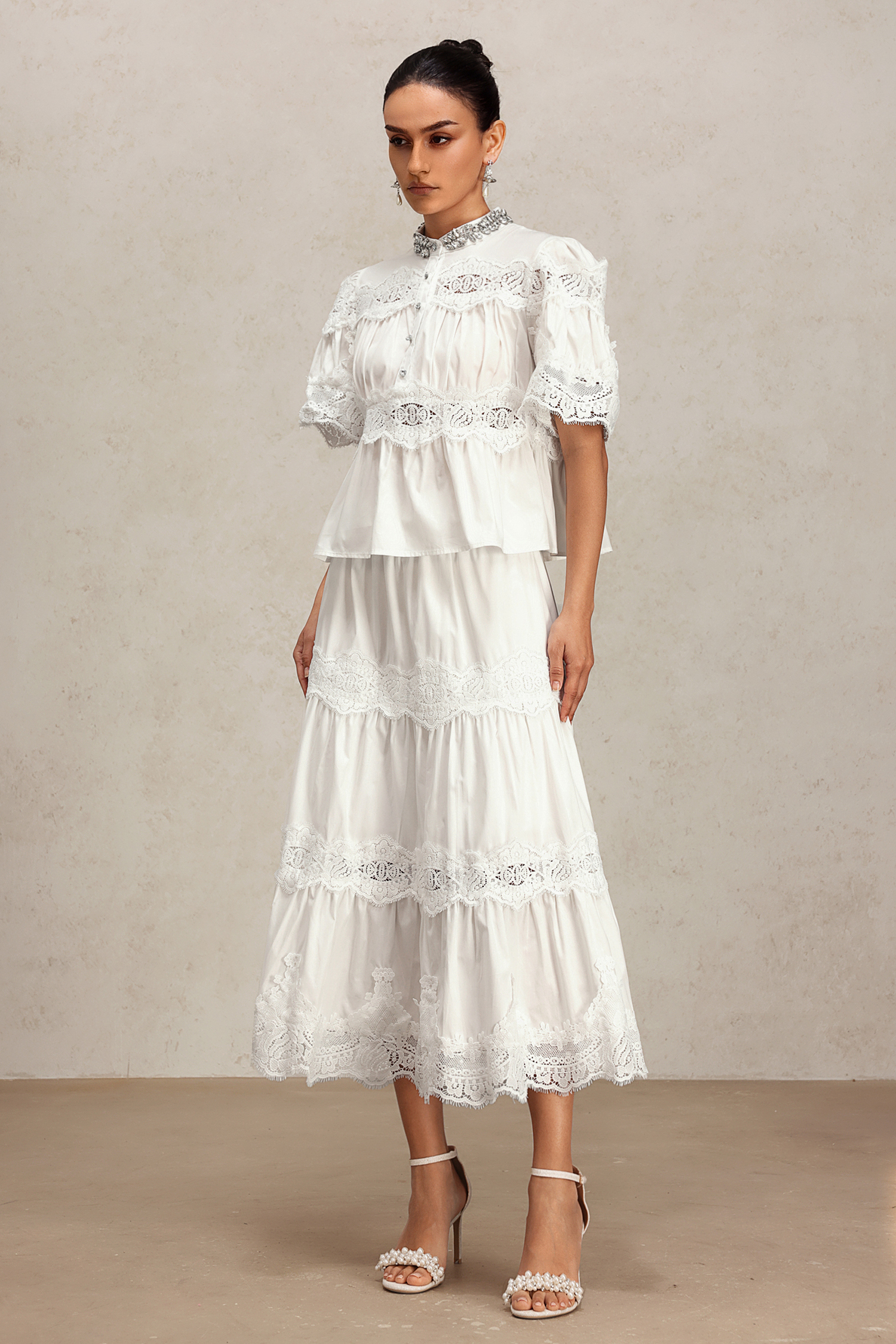 Salla Short Sleeve Lace Diamond Two-Piece Set