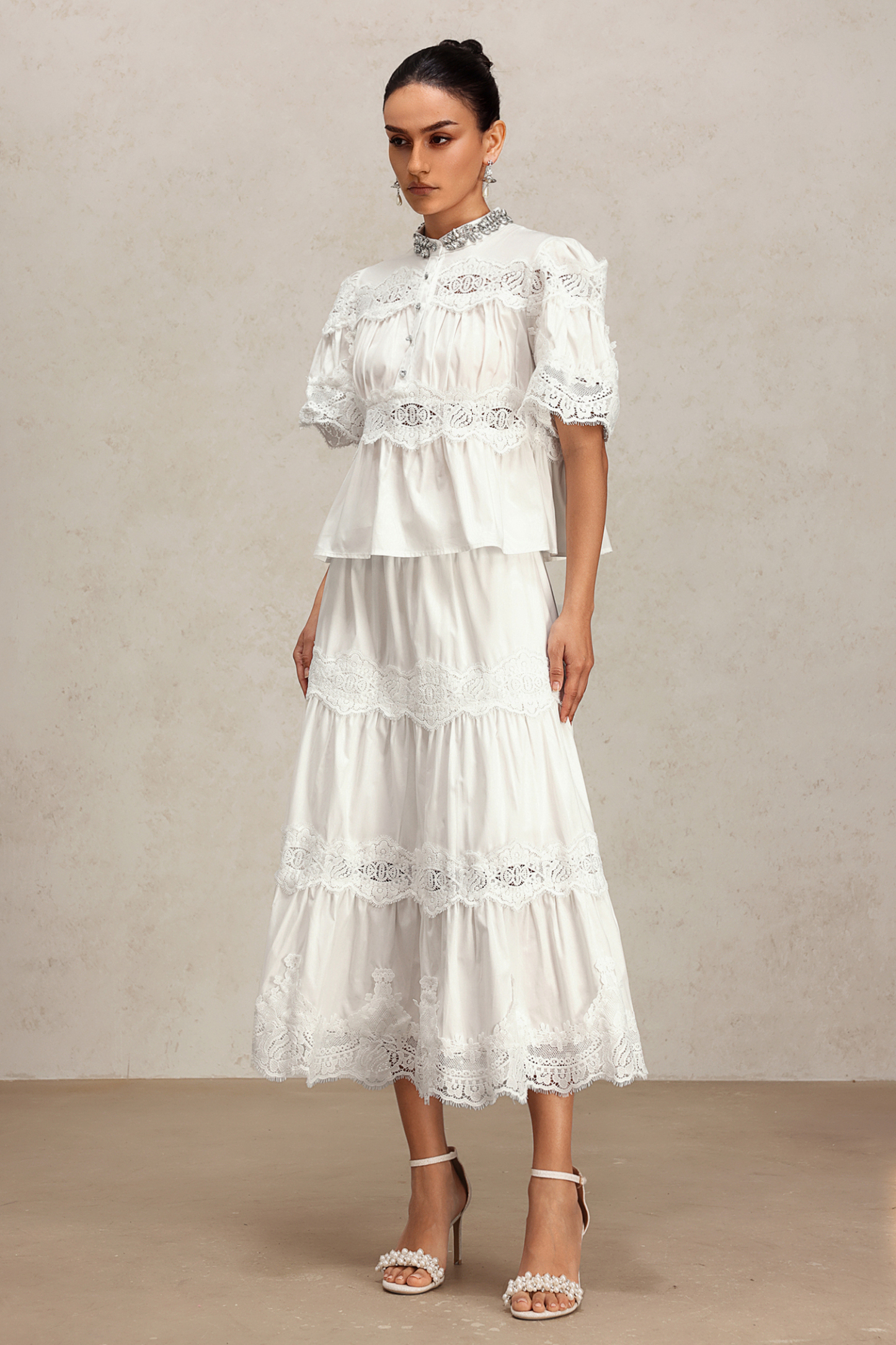 Salla Short Sleeve Lace Diamond Two-Piece Set