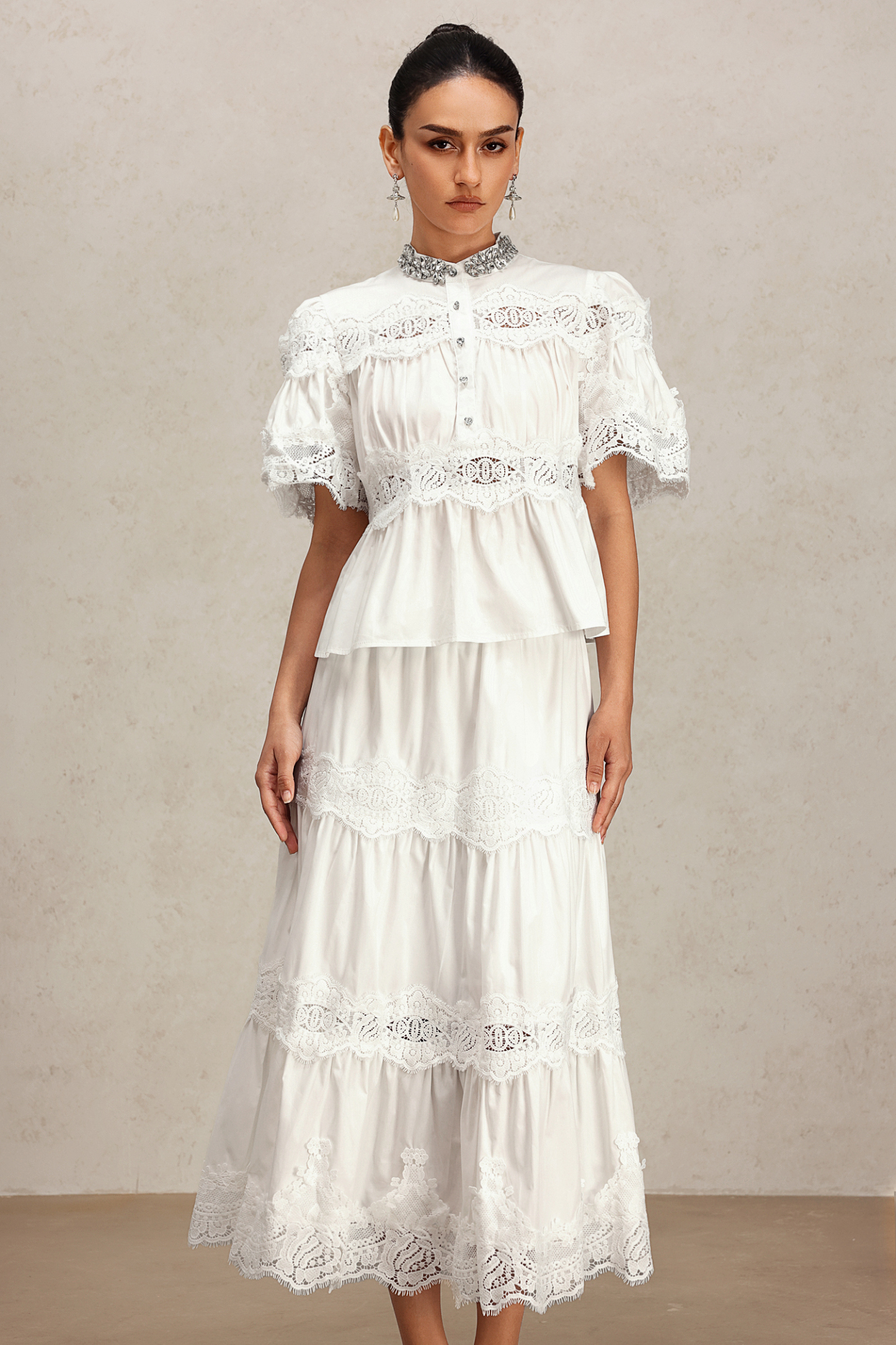 Salla Short Sleeve Lace Diamond Two-Piece Set