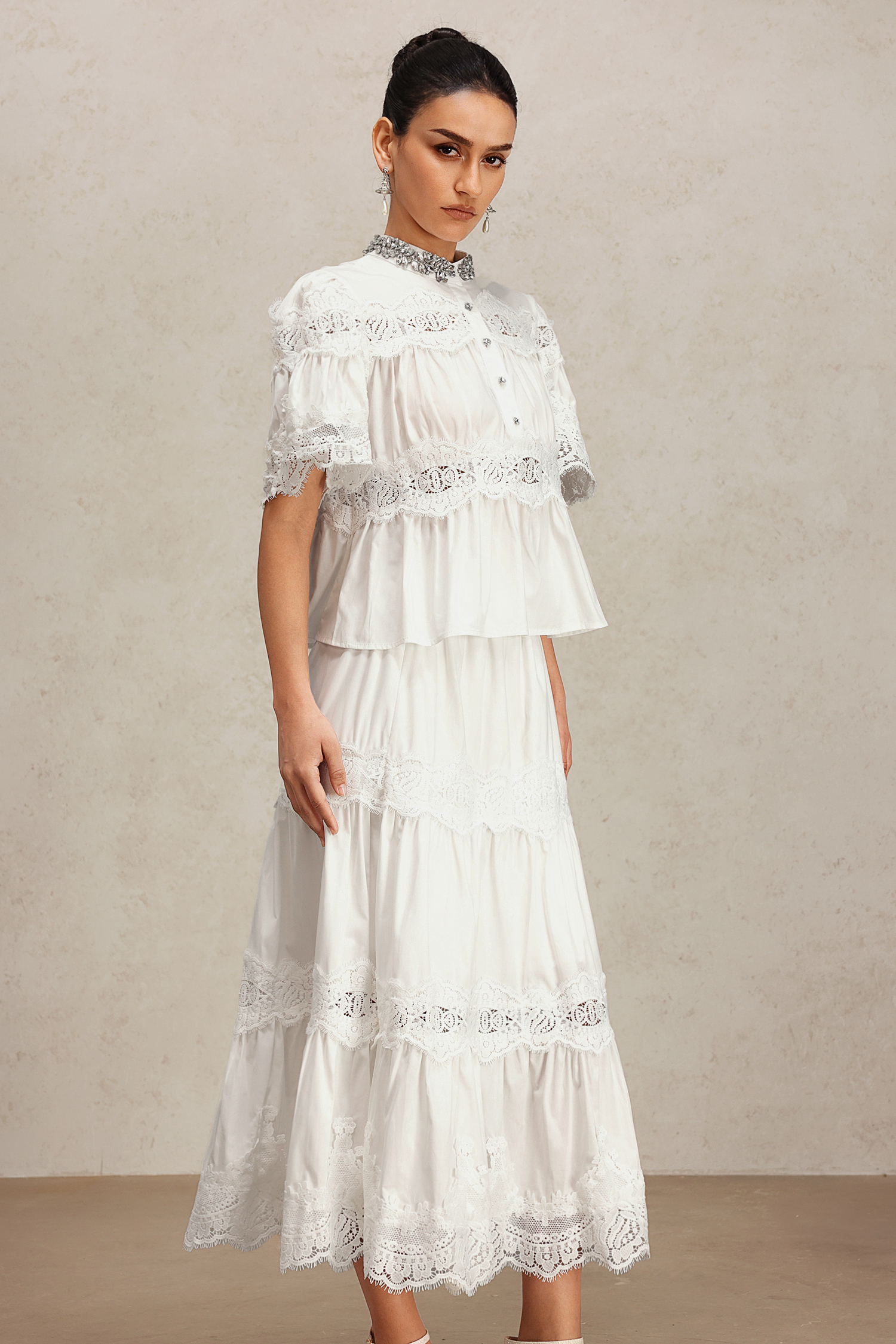 Salla Short Sleeve Lace Diamond Two-Piece Set