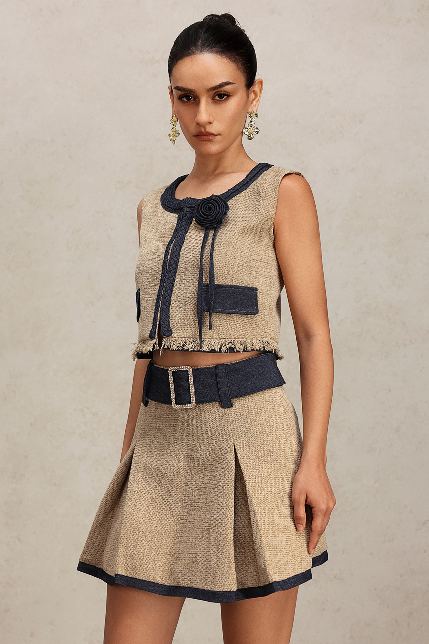 Gani Round Neck Sleeveless Flower Top And Skirt Two-Piece Set