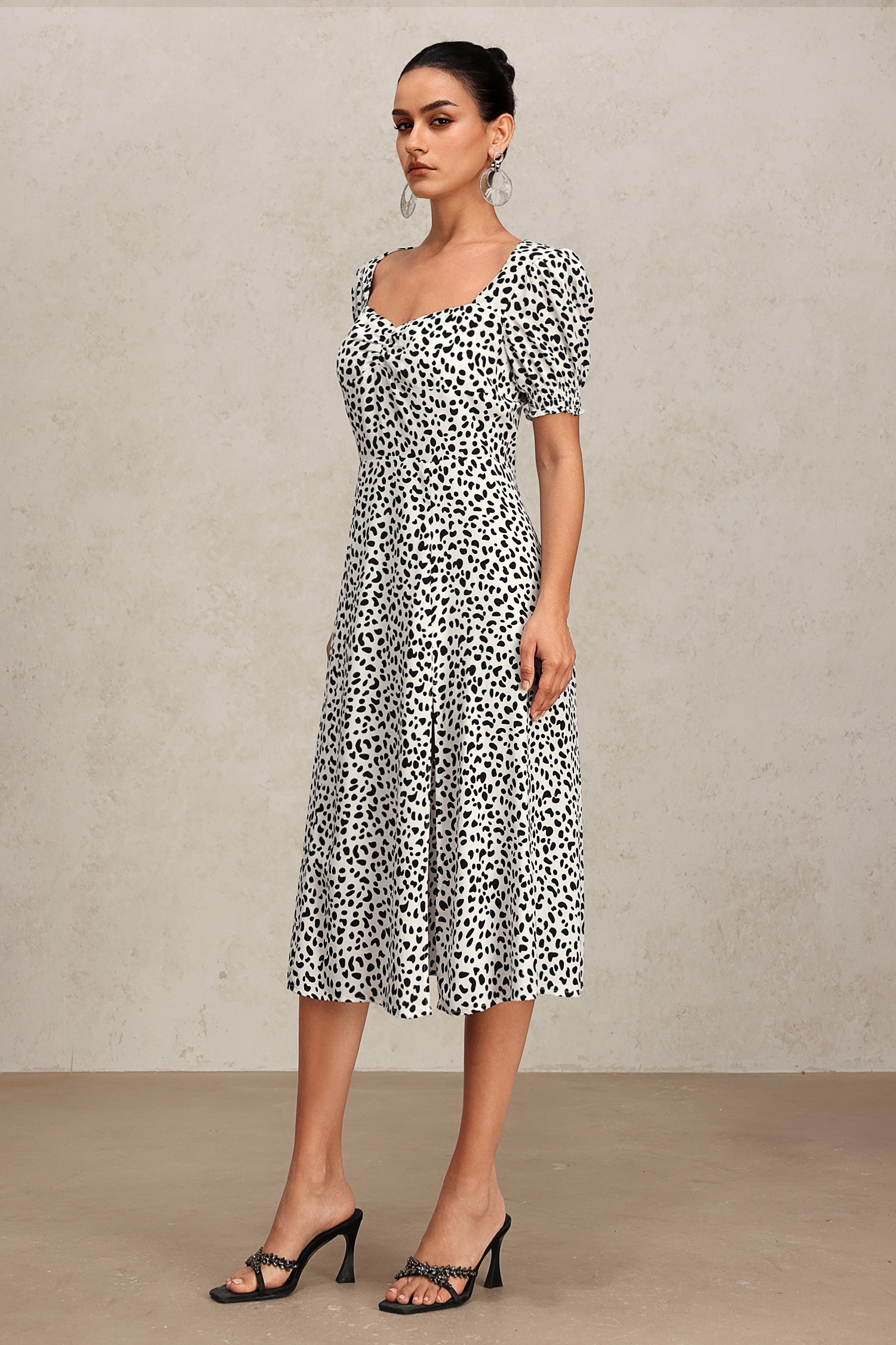 Derlyn Puff Sleeves Printed Slit Midi Dress