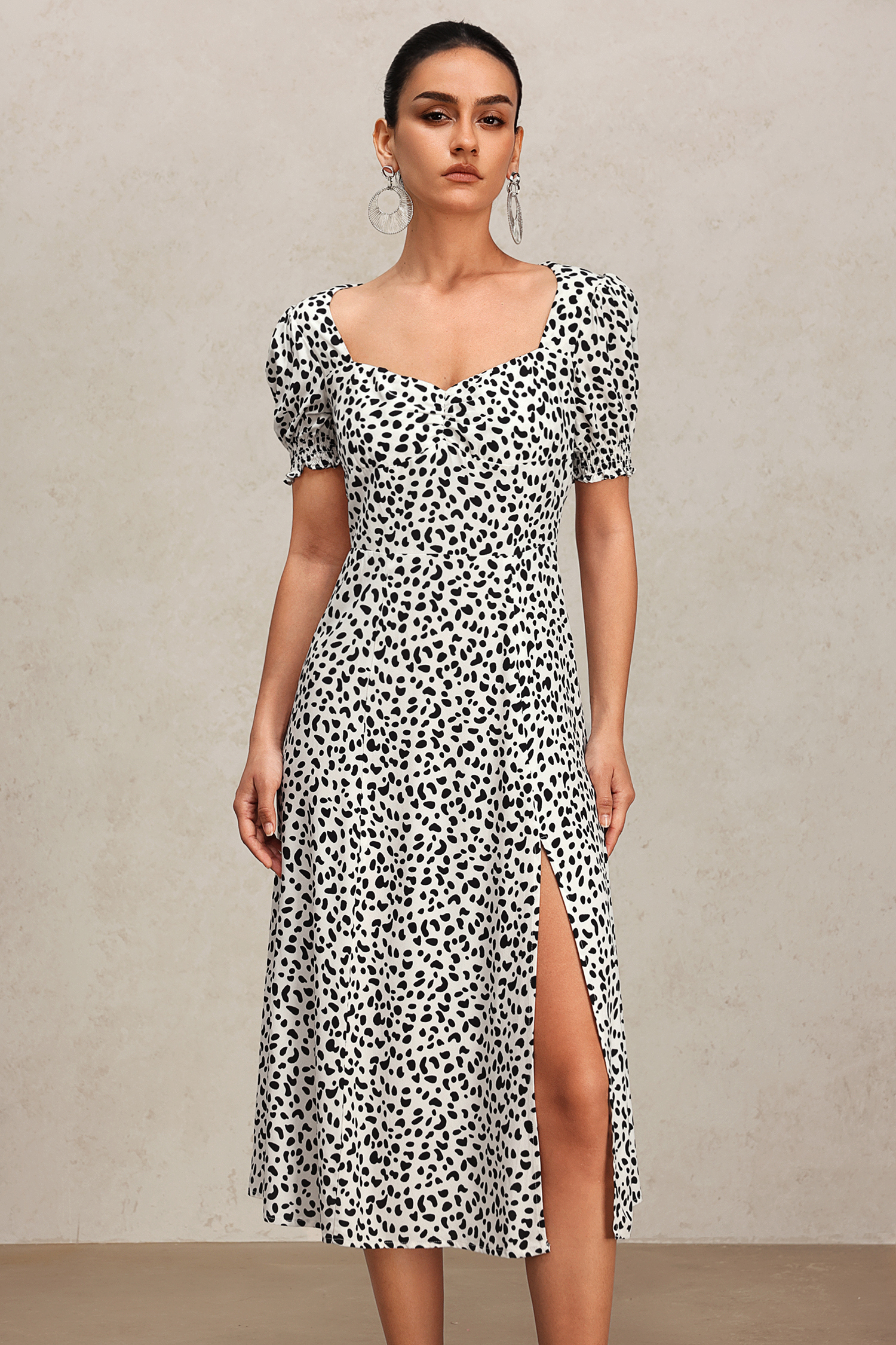 Derlyn Puff Sleeves Printed Slit Midi Dress