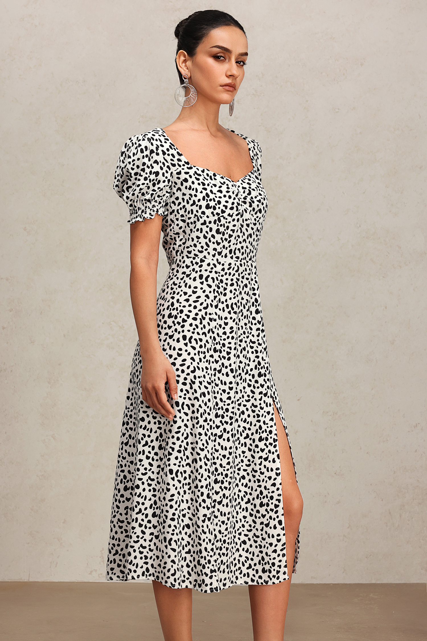 Derlyn Puff Sleeves Printed Slit Midi Dress
