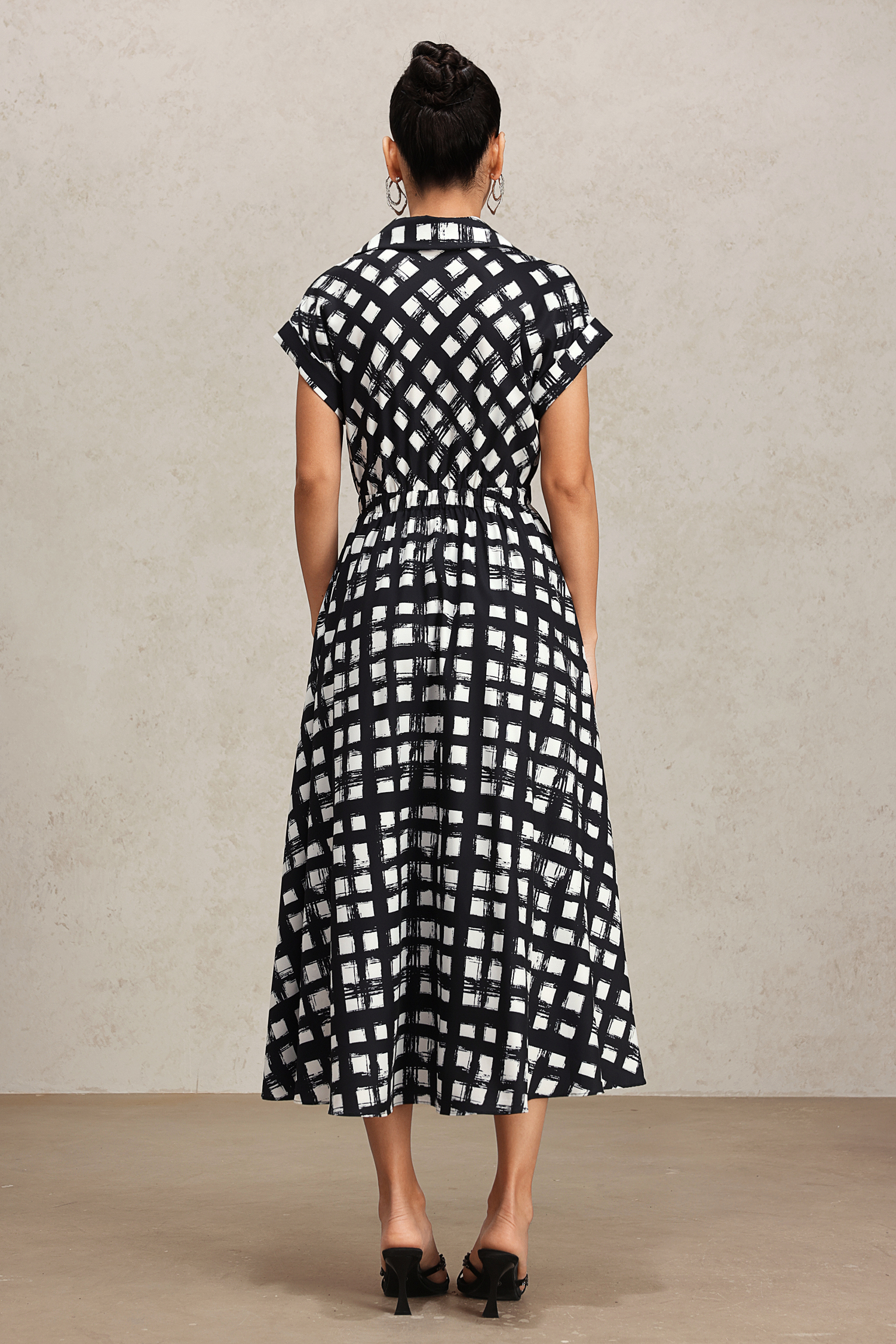 Ivory Lapel Printed Short Sleeve Shirt Midi Dress