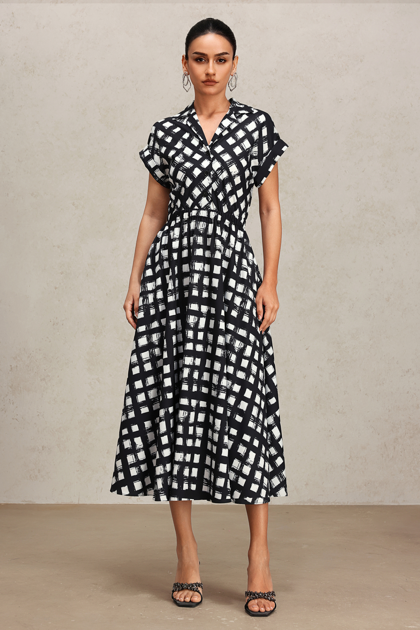 Ivory Lapel Printed Short Sleeve Shirt Midi Dress