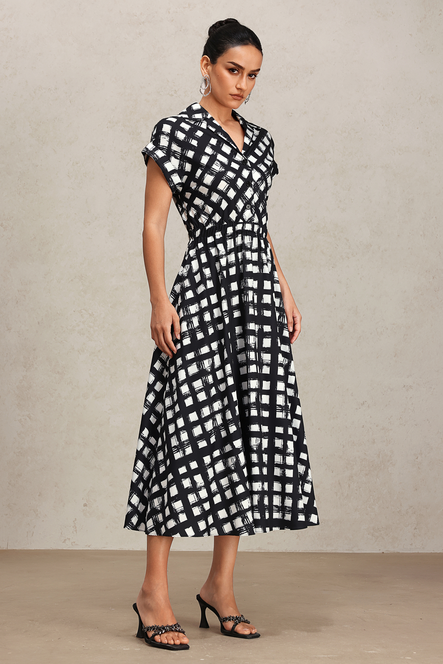 Ivory Lapel Printed Short Sleeve Shirt Midi Dress