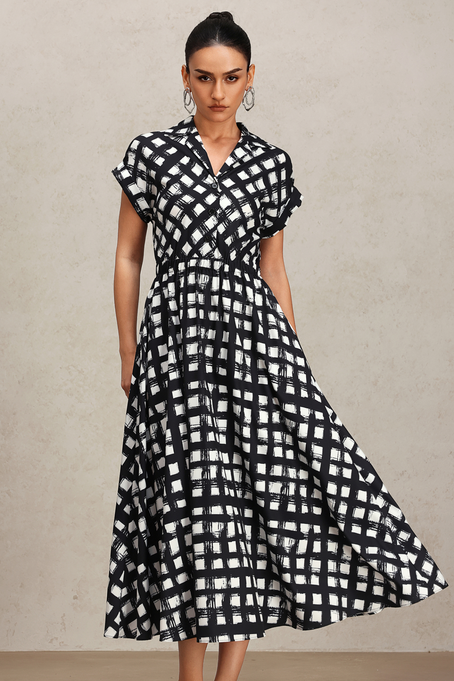 Ivory Lapel Printed Short Sleeve Shirt Midi Dress