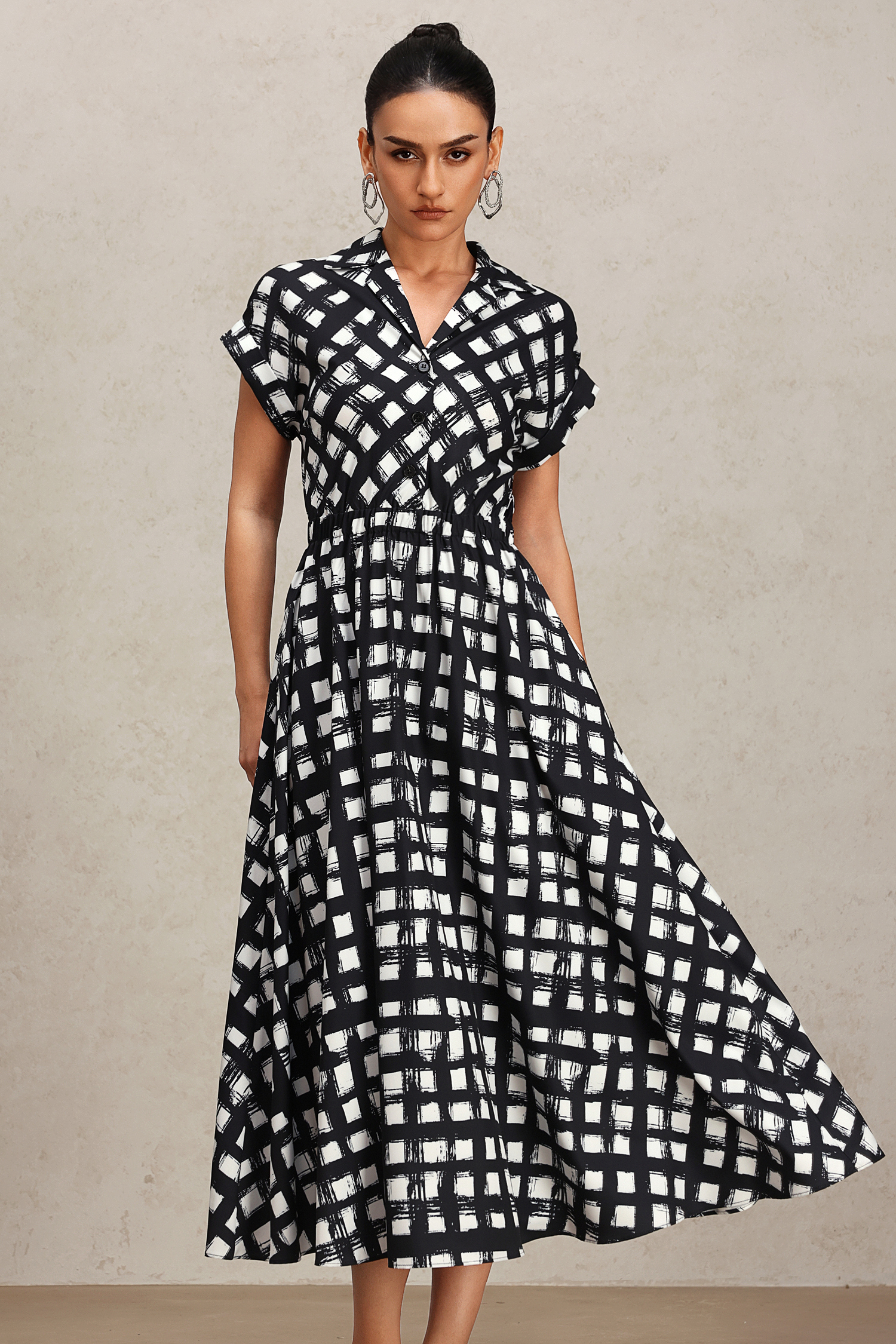 Ivory Lapel Printed Short Sleeve Shirt Midi Dress