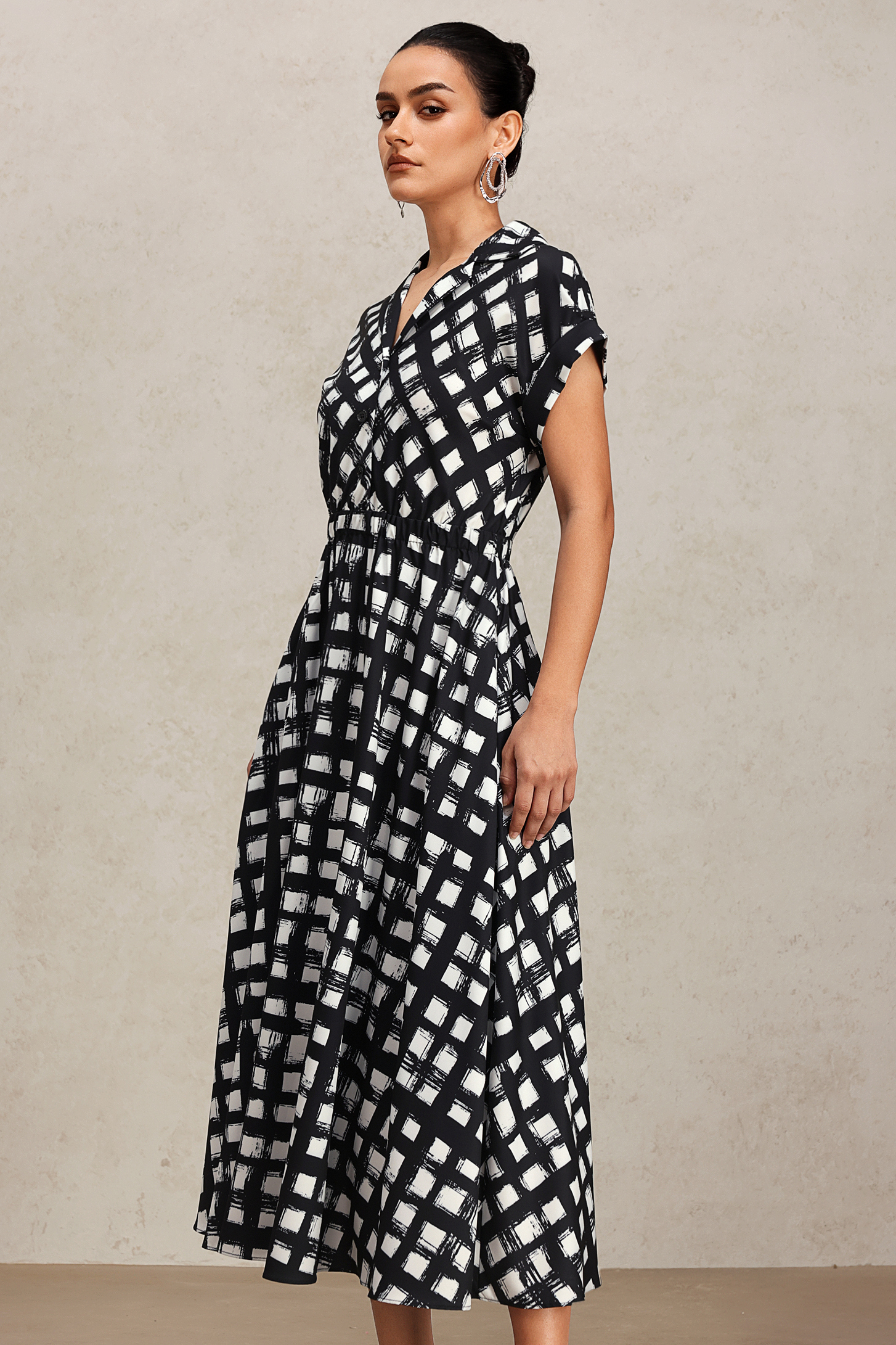 Ivory Lapel Printed Short Sleeve Shirt Midi Dress