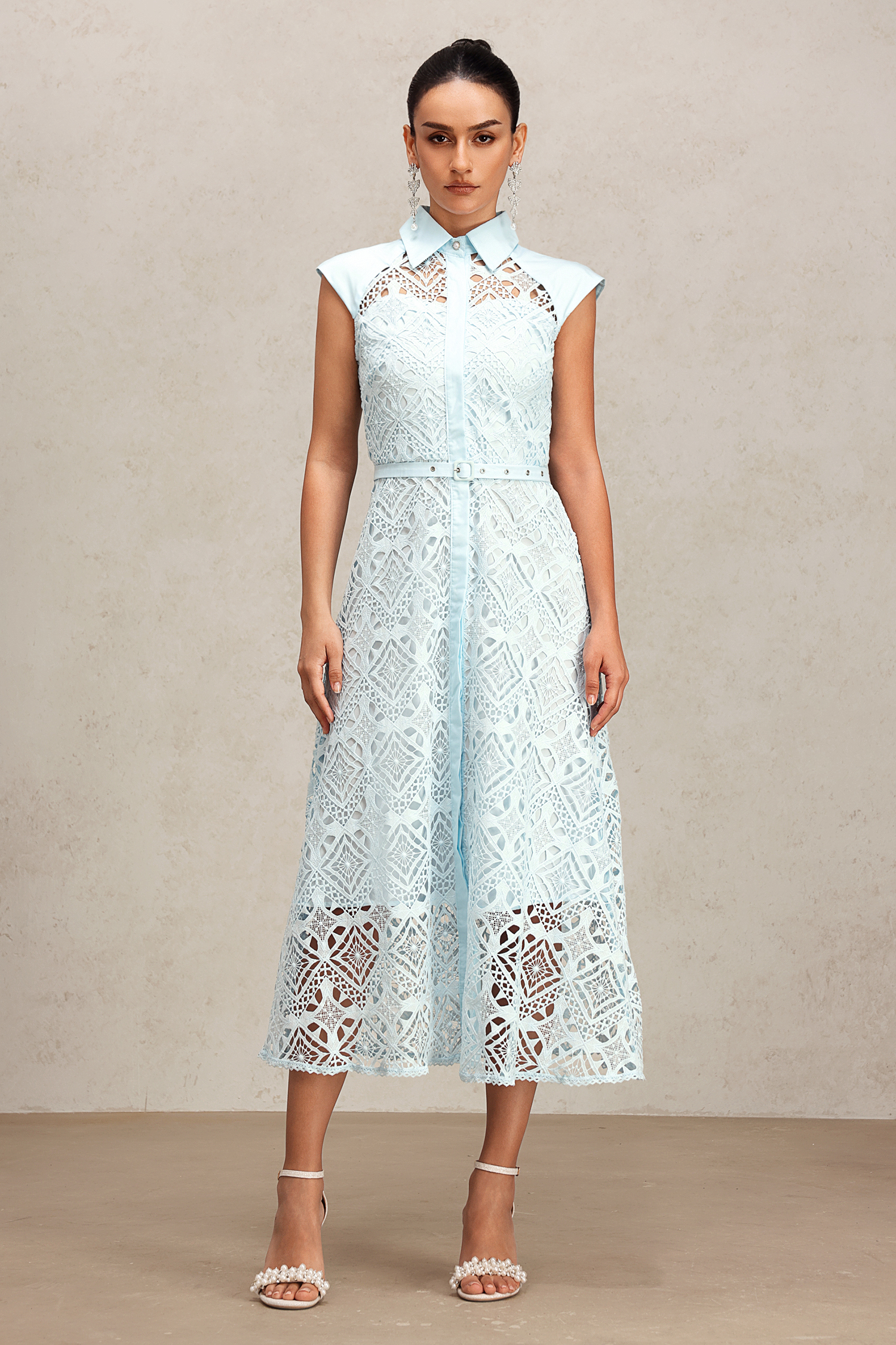Joclyn Lapel Sleeveless Lace Midi Dress