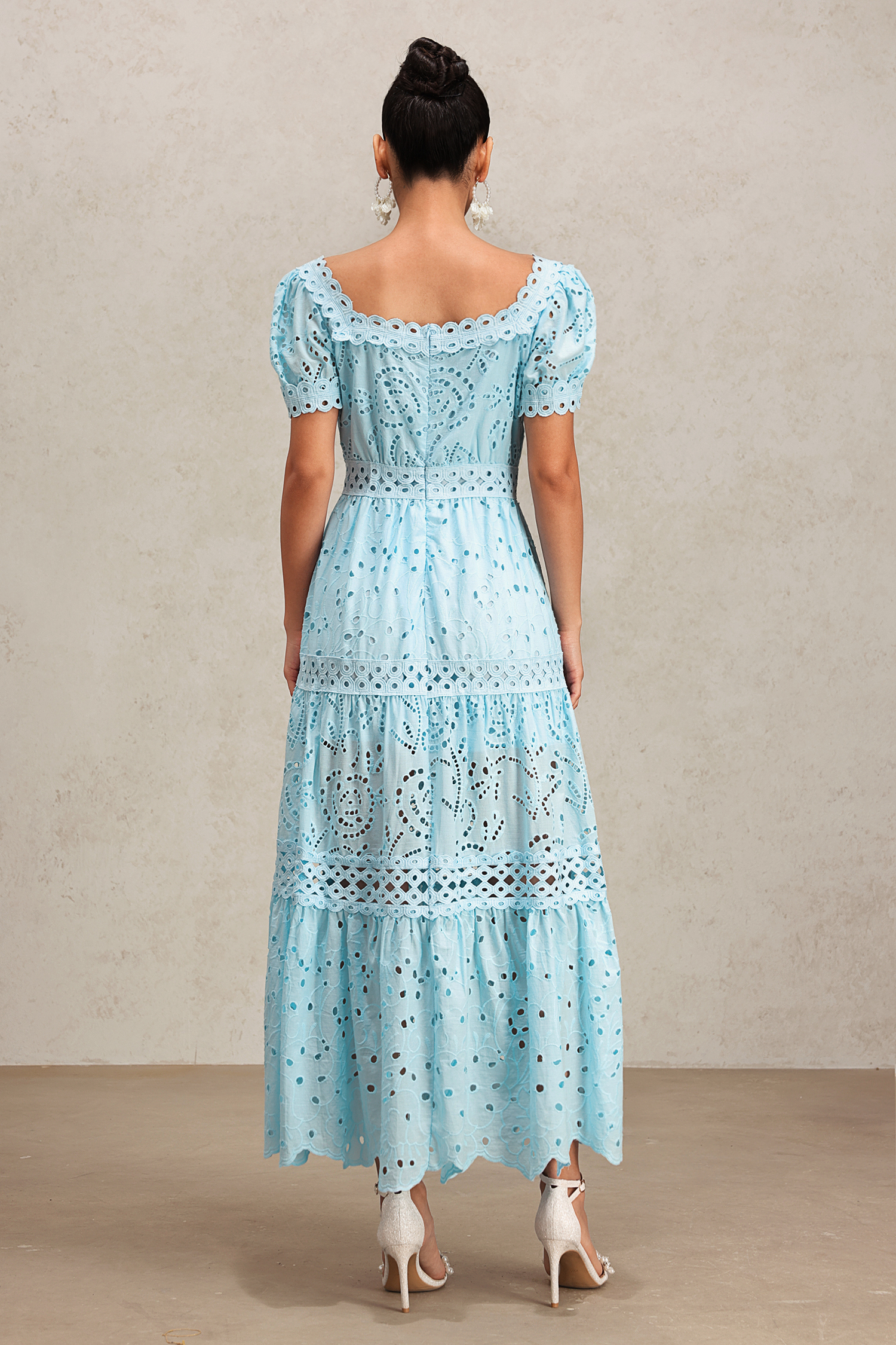 Viaya Short Puff Sleeves Lace Hollow Out Maxi Dress