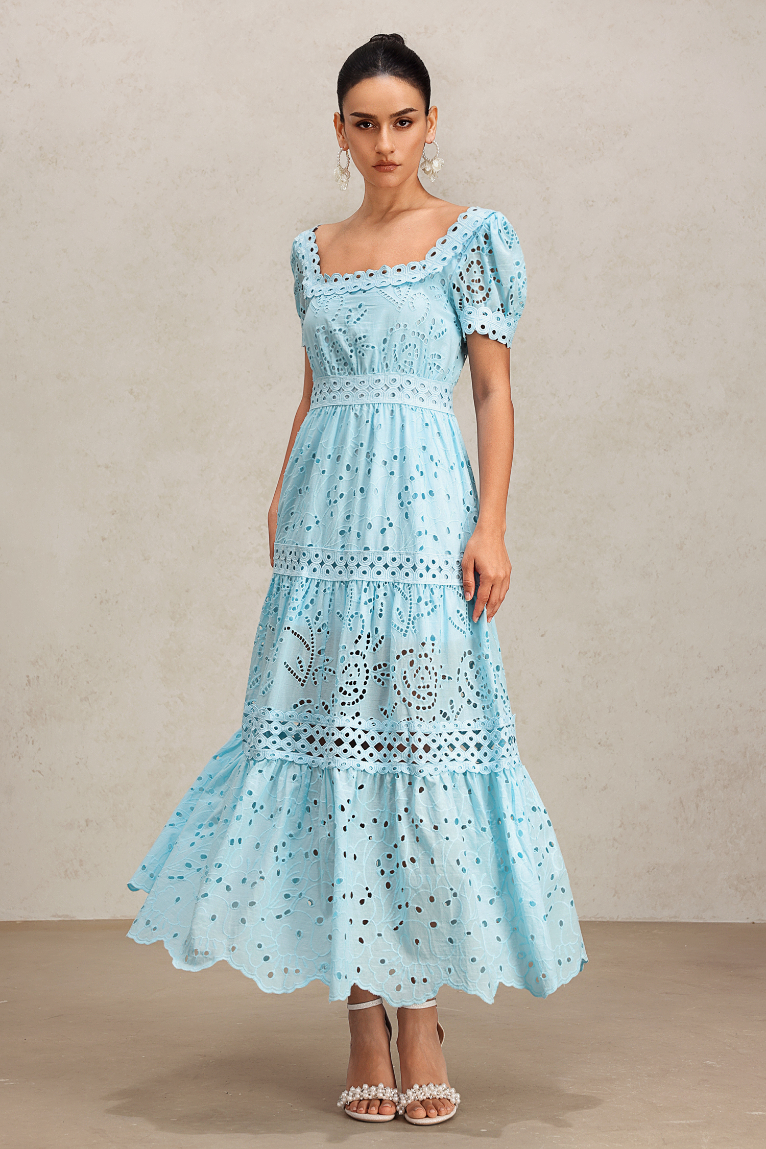 Viaya Short Puff Sleeves Lace Hollow Out Maxi Dress