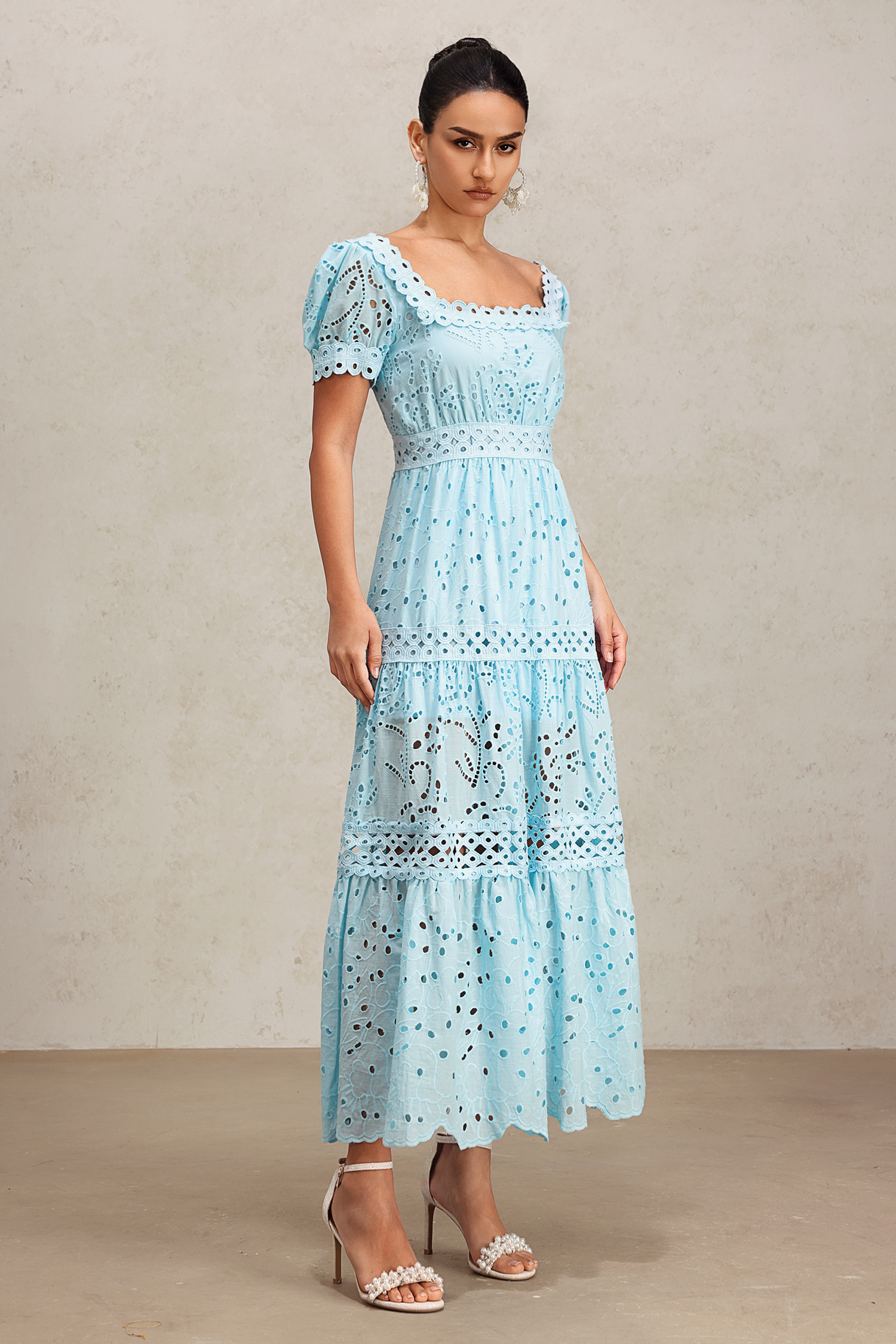 Viaya Short Puff Sleeves Lace Hollow Out Maxi Dress