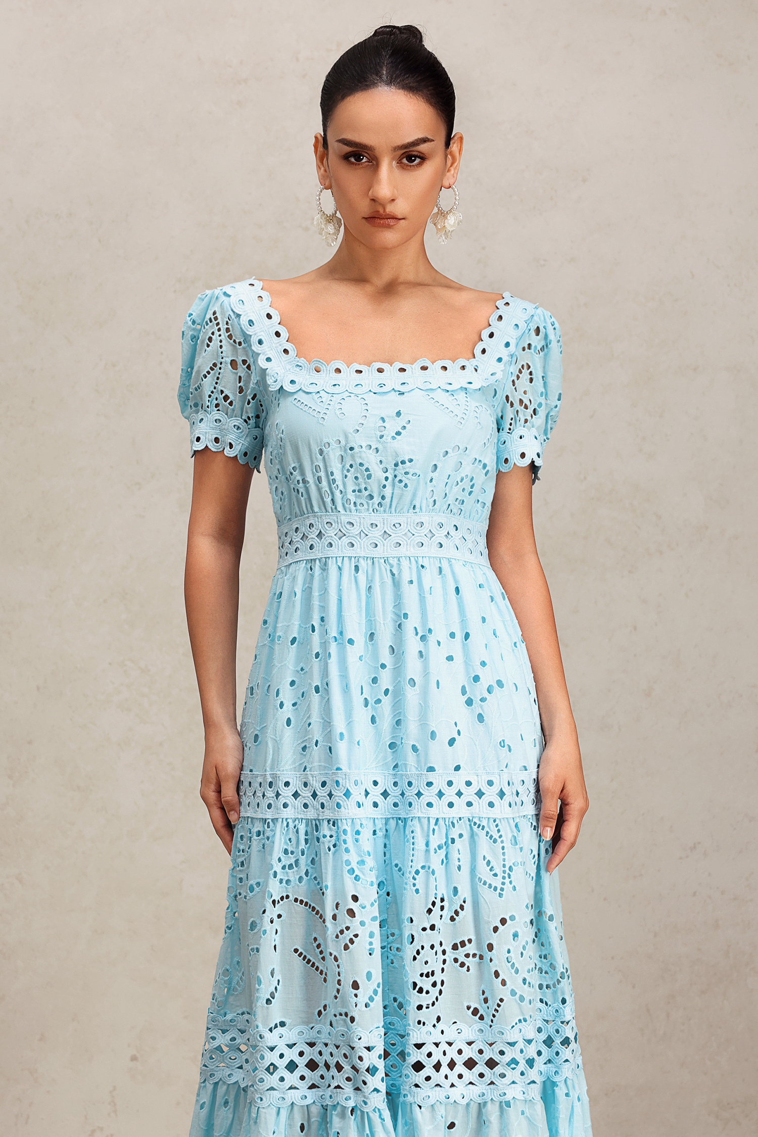 Viaya Short Puff Sleeves Lace Hollow Out Maxi Dress