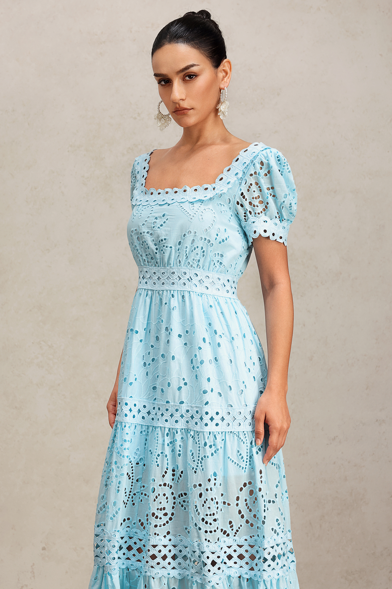 Viaya Short Puff Sleeves Lace Hollow Out Maxi Dress