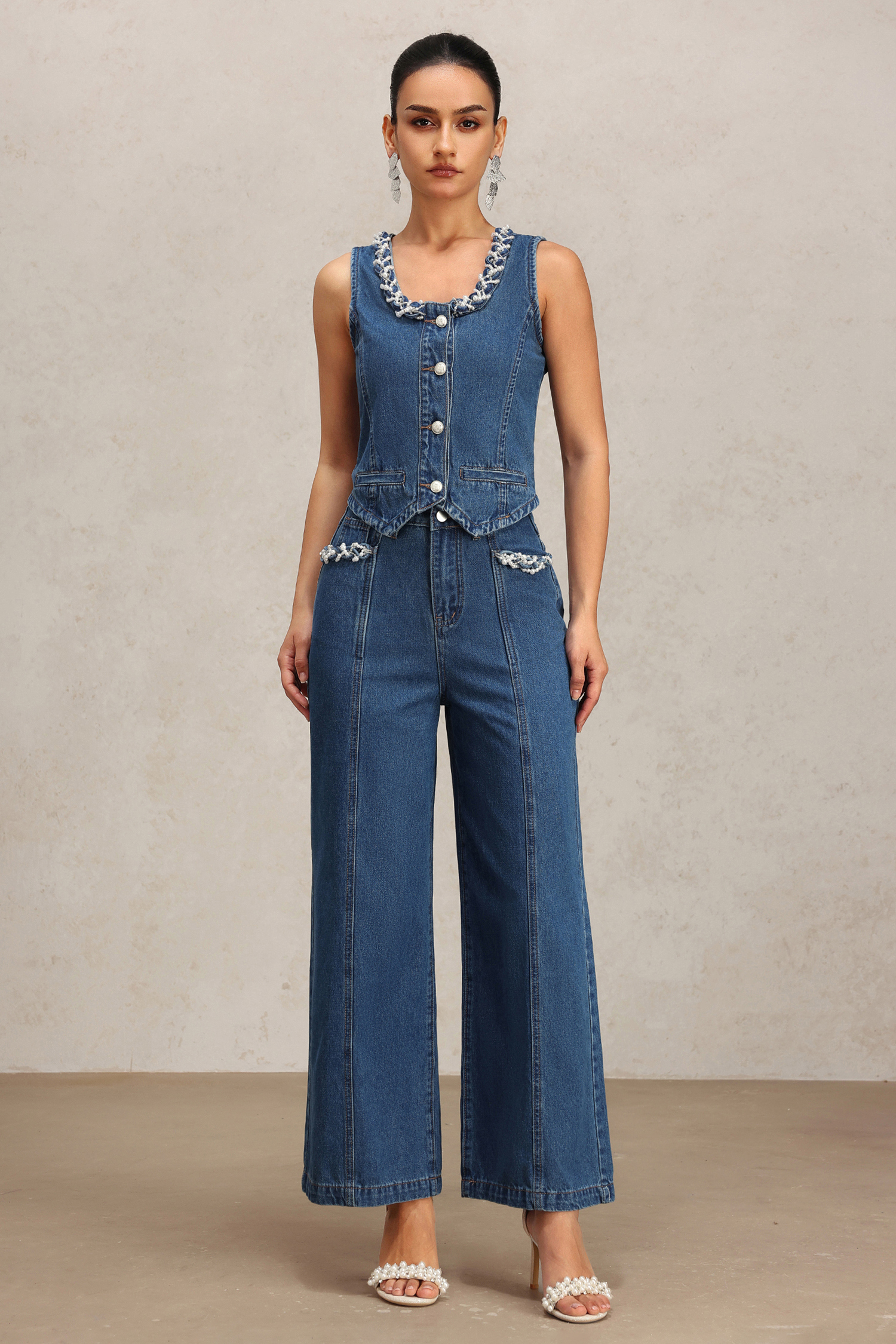 Lureen Sleeveless Denim Vest And Pants Two-Piece Set