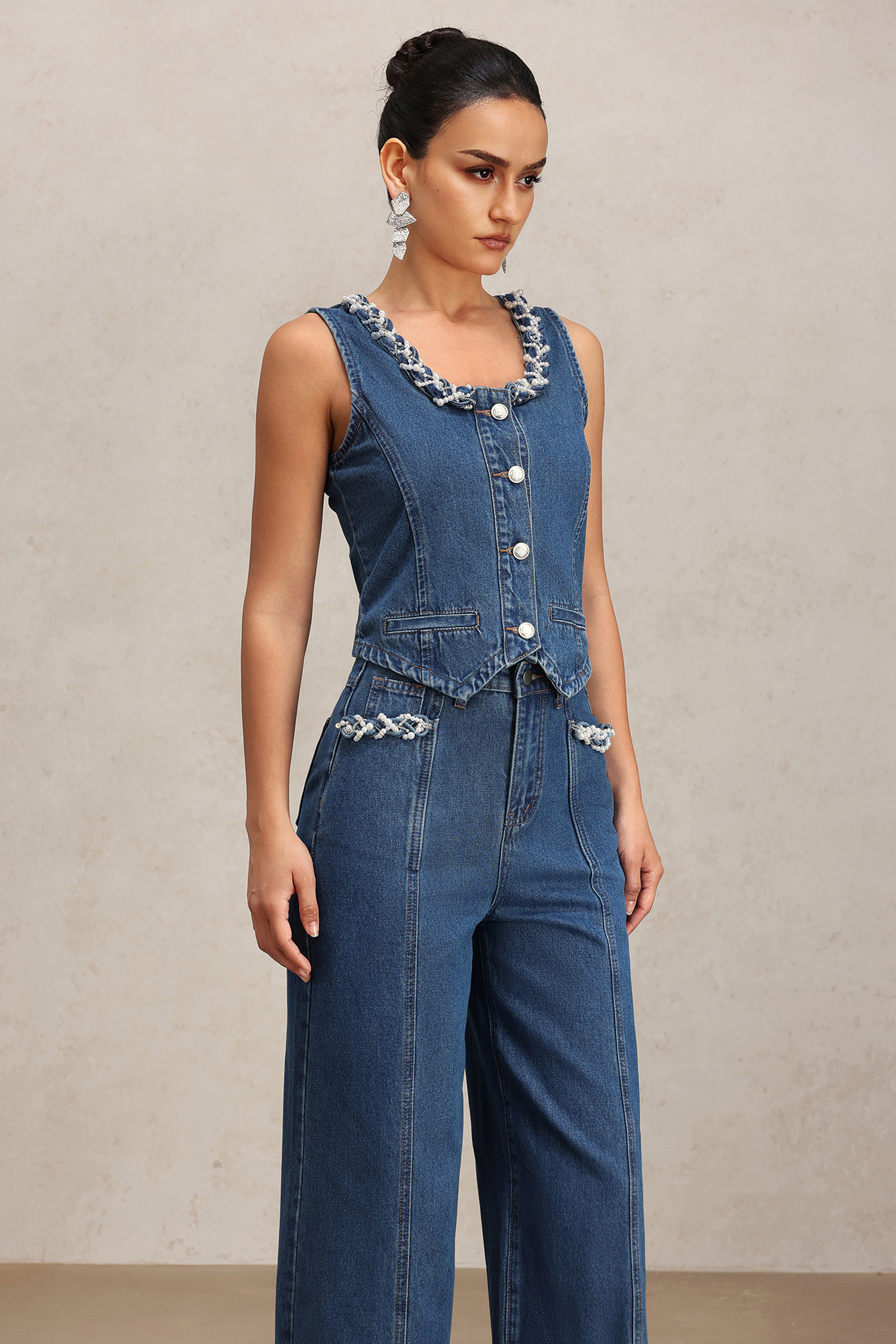 Lureen Sleeveless Denim Vest And Pants Two-Piece Set