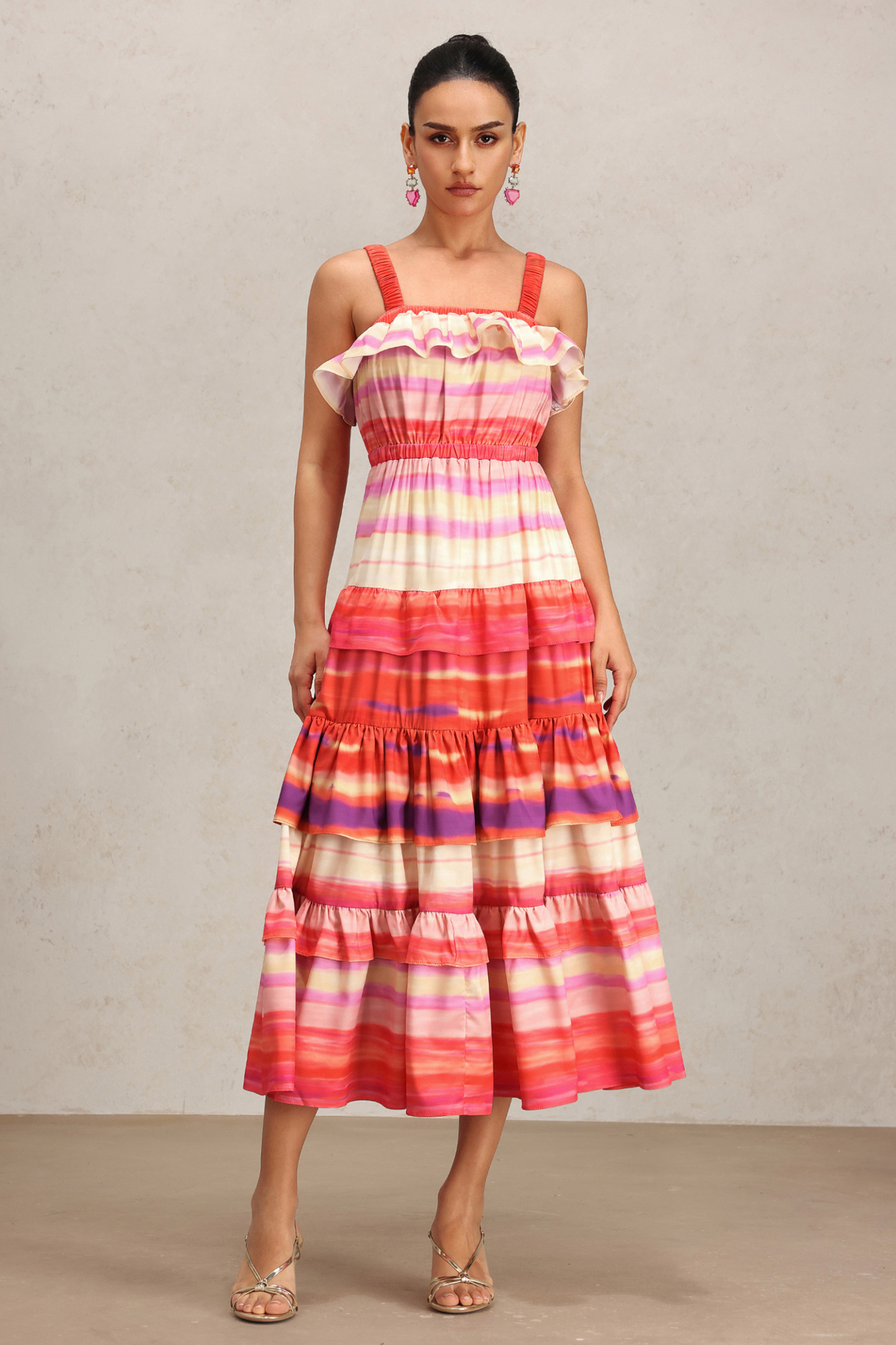 Sefa Halter Printed Layered Folds Maxi Dress