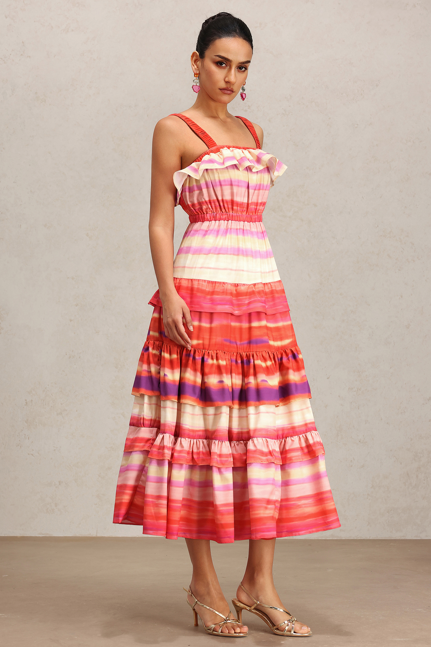 Sefa Halter Printed Layered Folds Maxi Dress