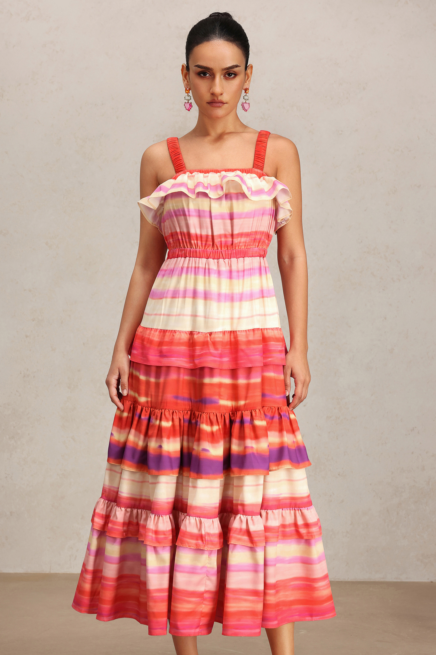 Sefa Halter Printed Layered Folds Maxi Dress