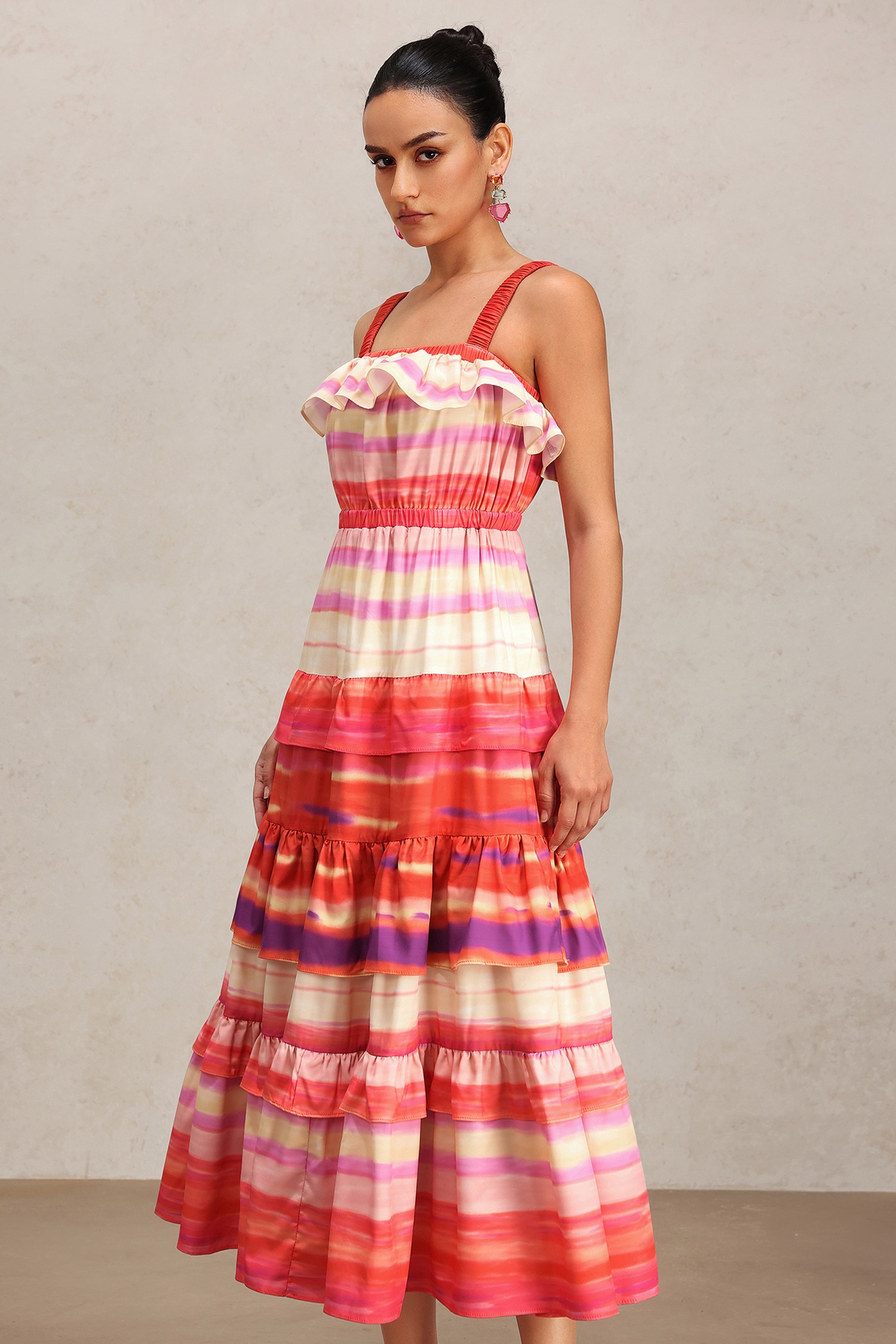 Sefa Halter Printed Layered Folds Maxi Dress