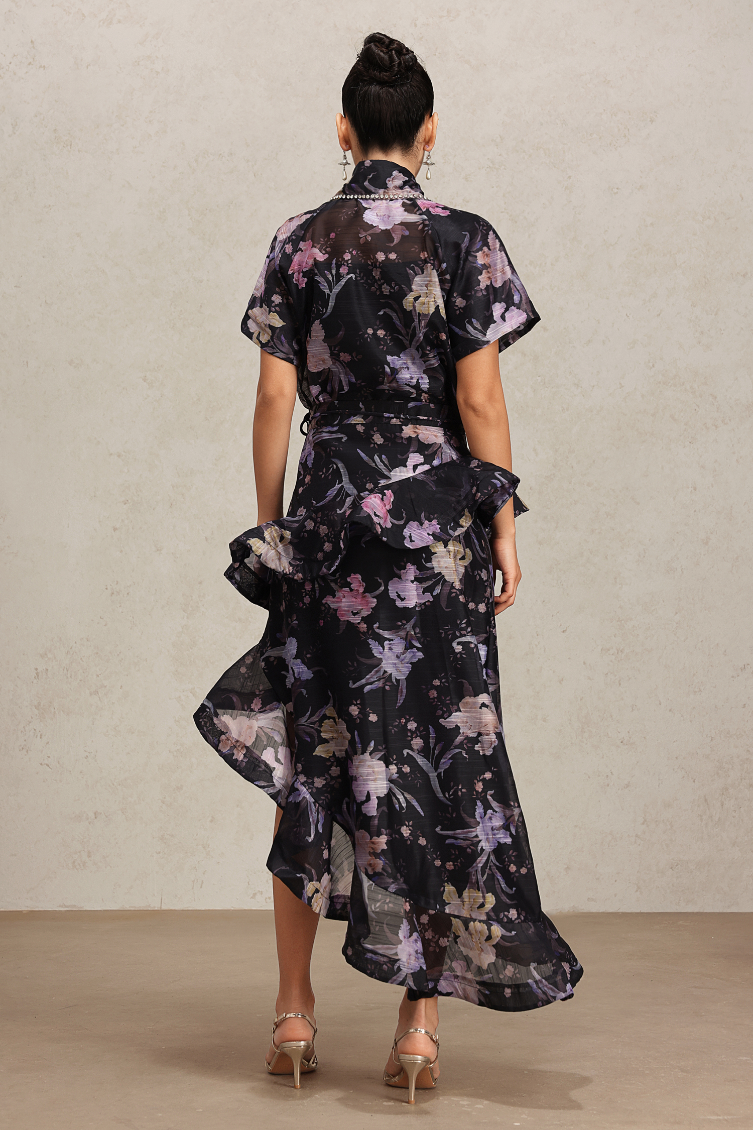 Jikia Lapel Floral Printed Asymmetric Skirt Two-Piece Set