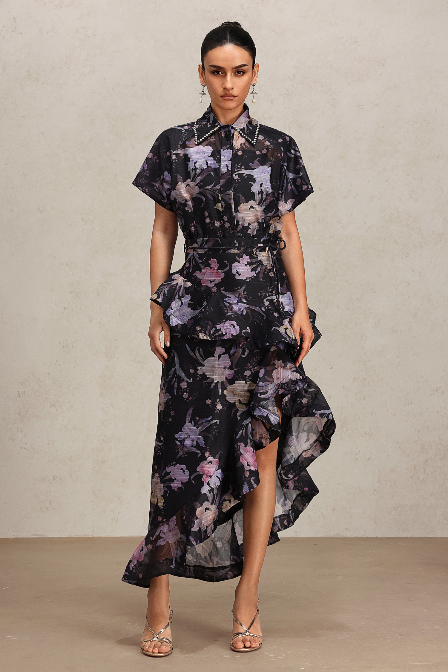 Jikia Lapel Floral Printed Asymmetric Skirt Two-Piece Set