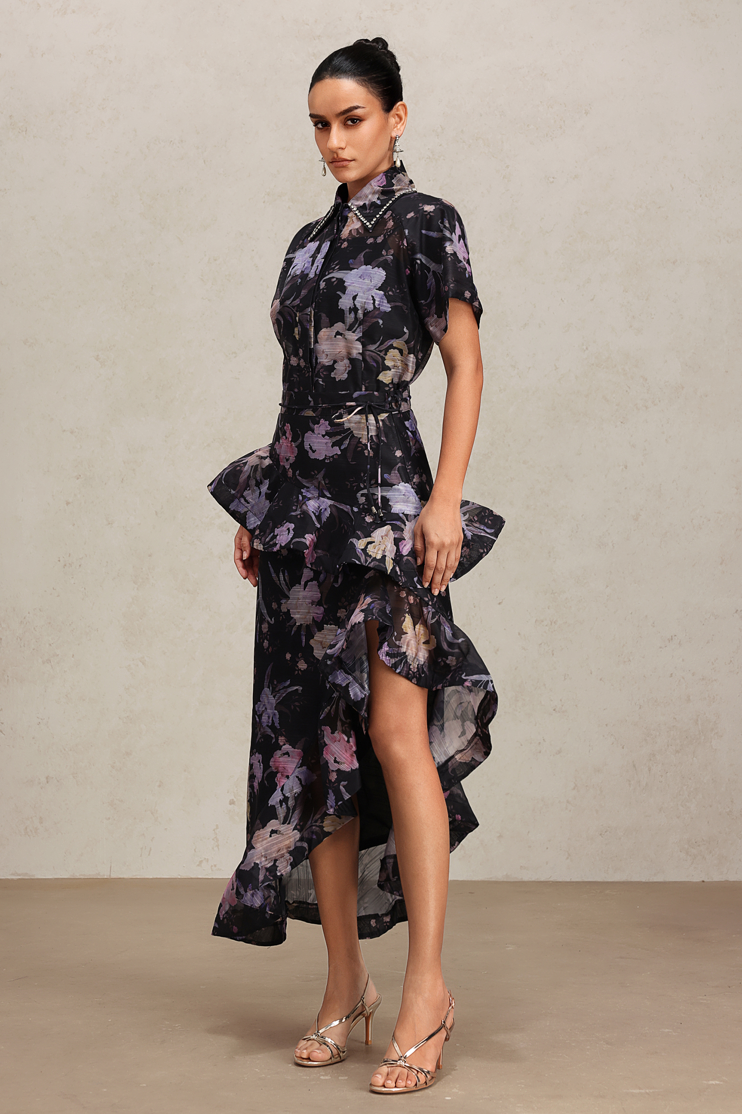 Jikia Lapel Floral Printed Asymmetric Skirt Two-Piece Set