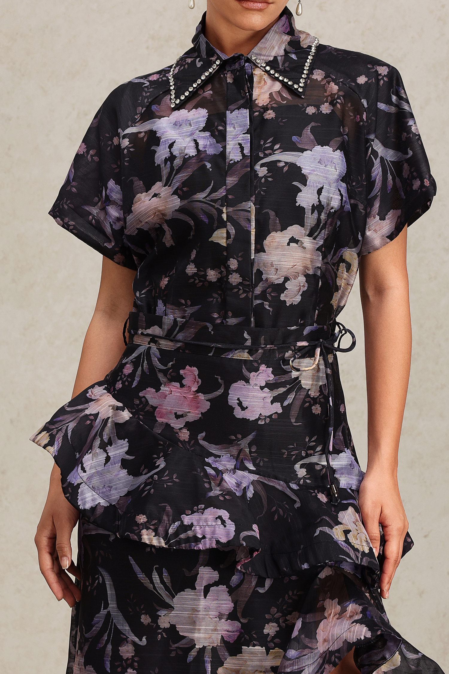Jikia Lapel Floral Printed Asymmetric Skirt Two-Piece Set