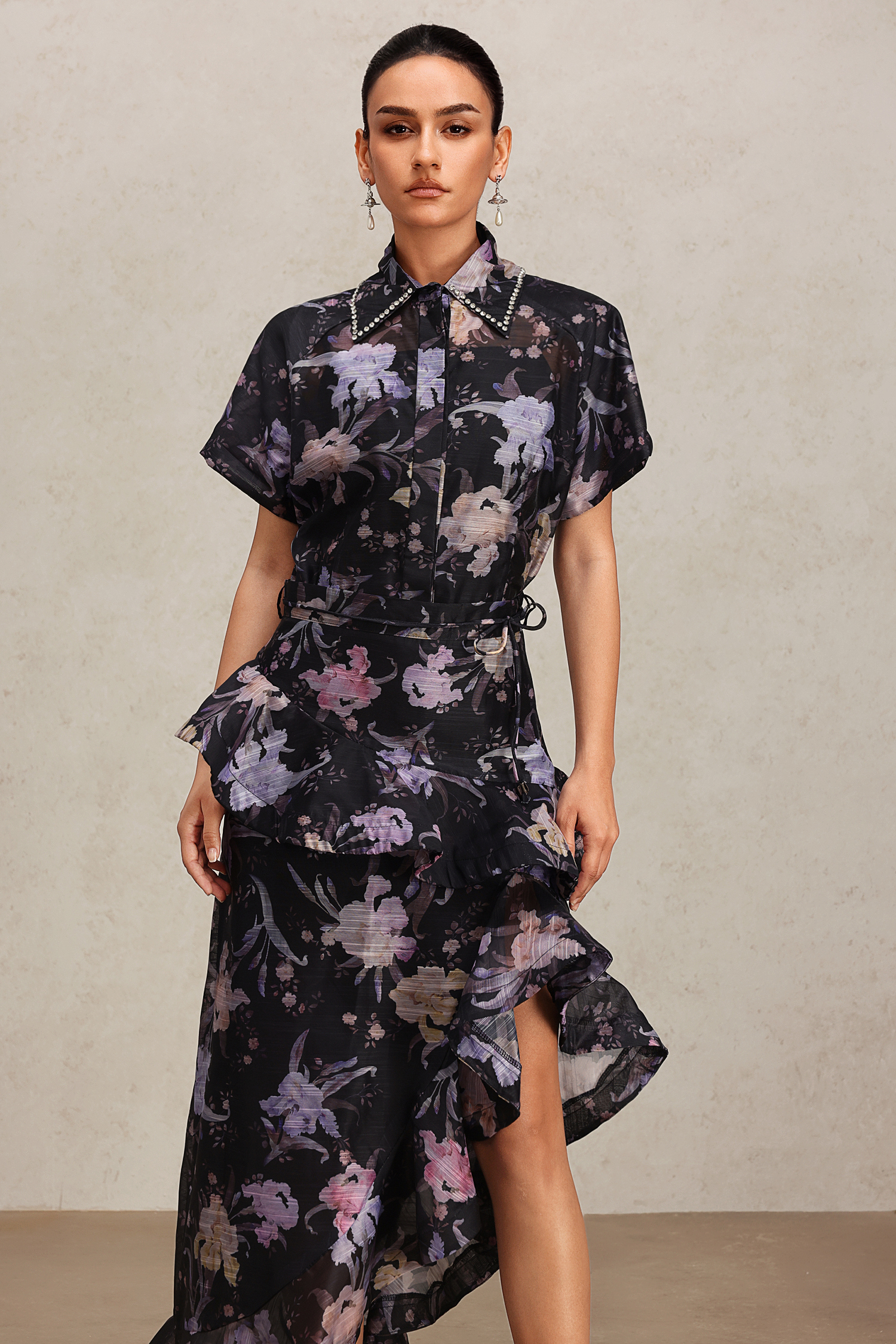 Jikia Lapel Floral Printed Asymmetric Skirt Two-Piece Set Jikia Lapel Floral Printed Asymmetric Skirt Two-Piece Set
