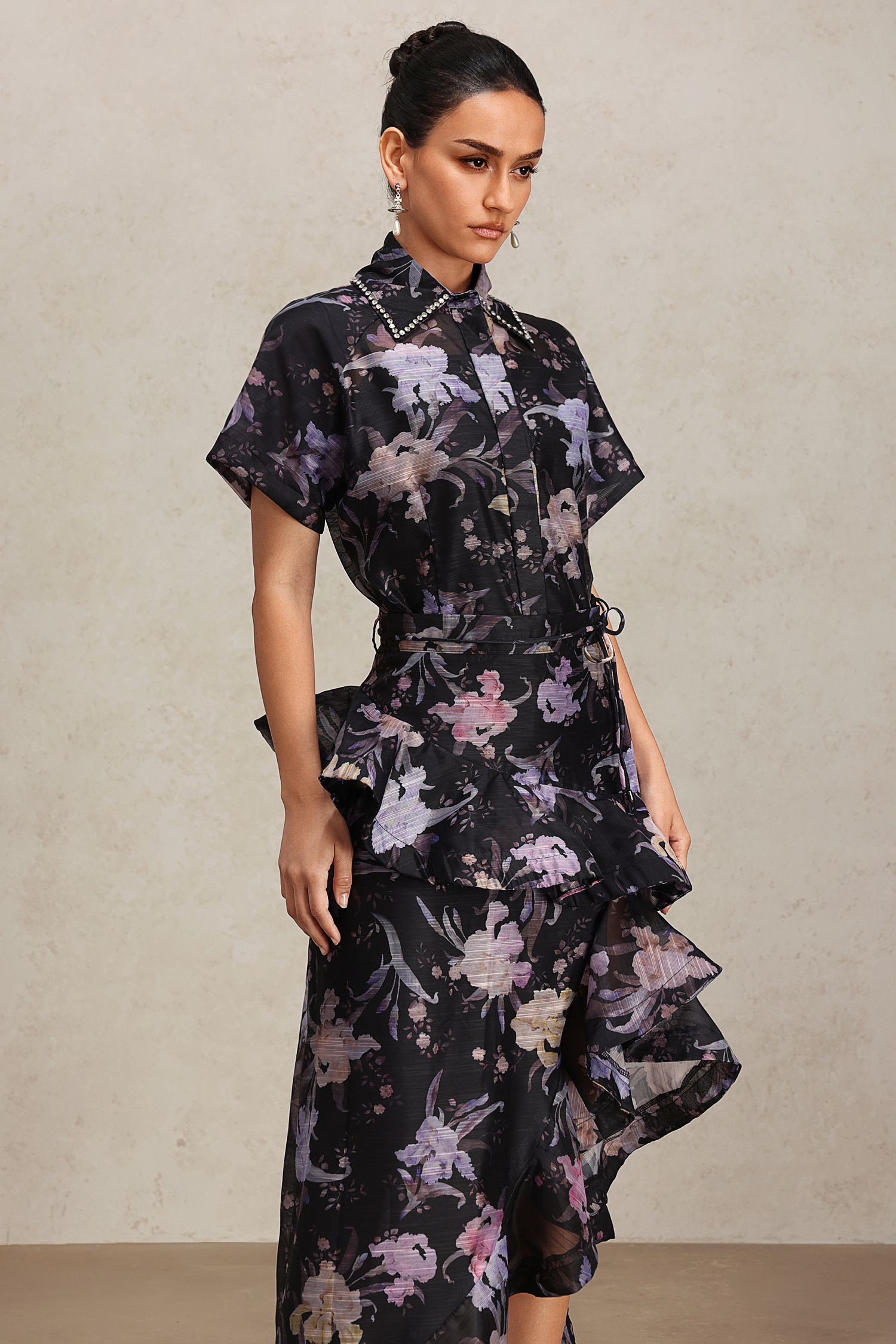 Jikia Lapel Floral Printed Asymmetric Skirt Two-Piece Set