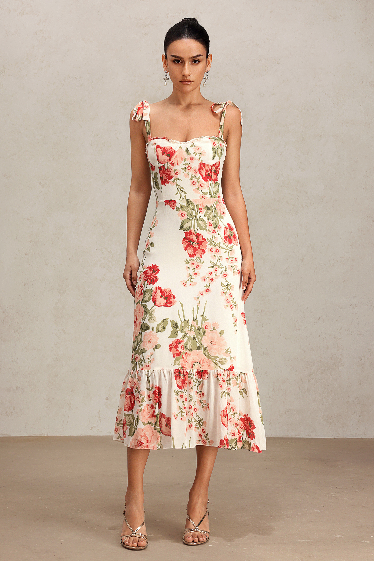 Fanya Bowknot Halter Floral Printed Midi Dress
