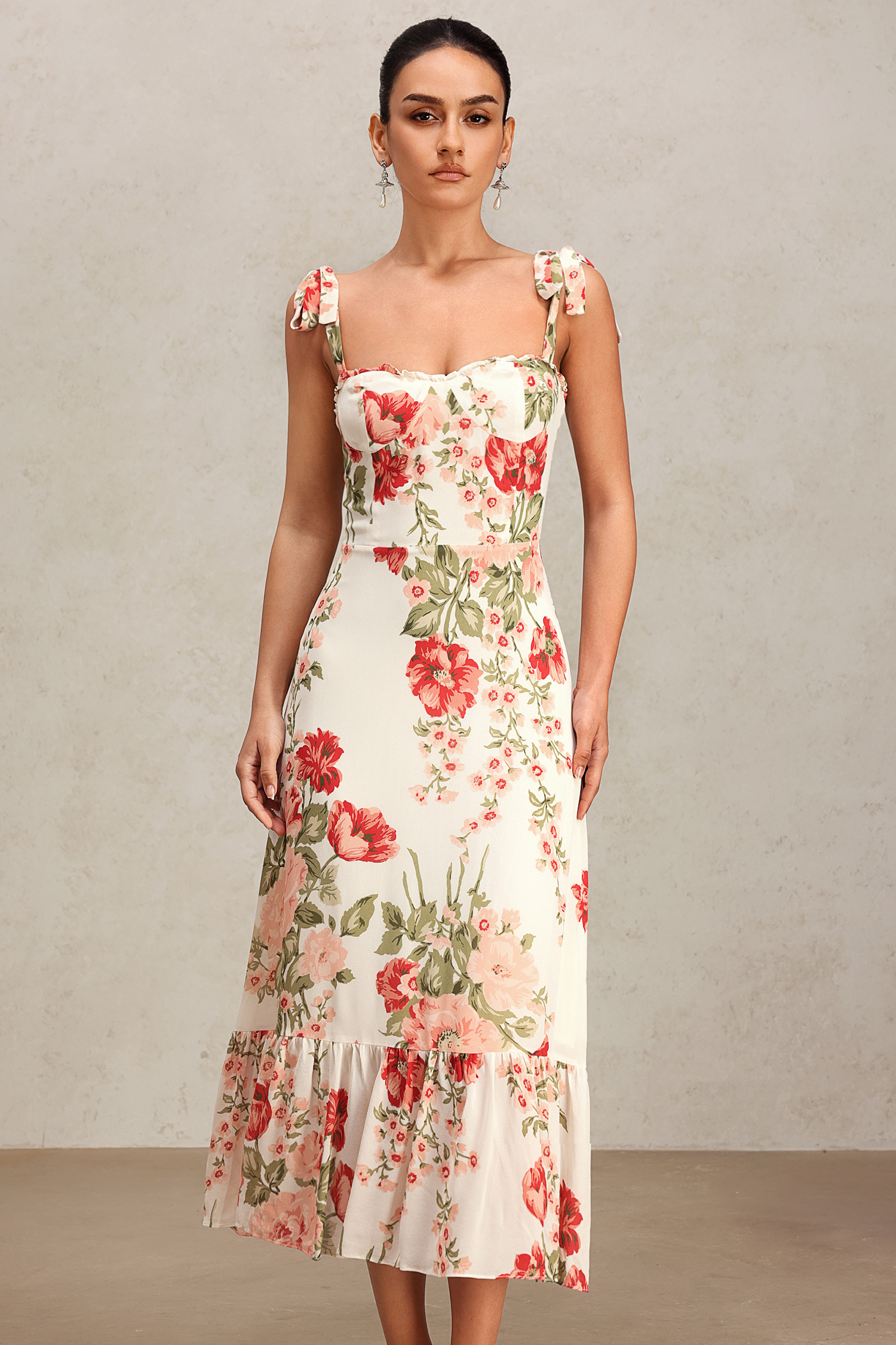 Fanya Bowknot Halter Floral Printed Midi Dress