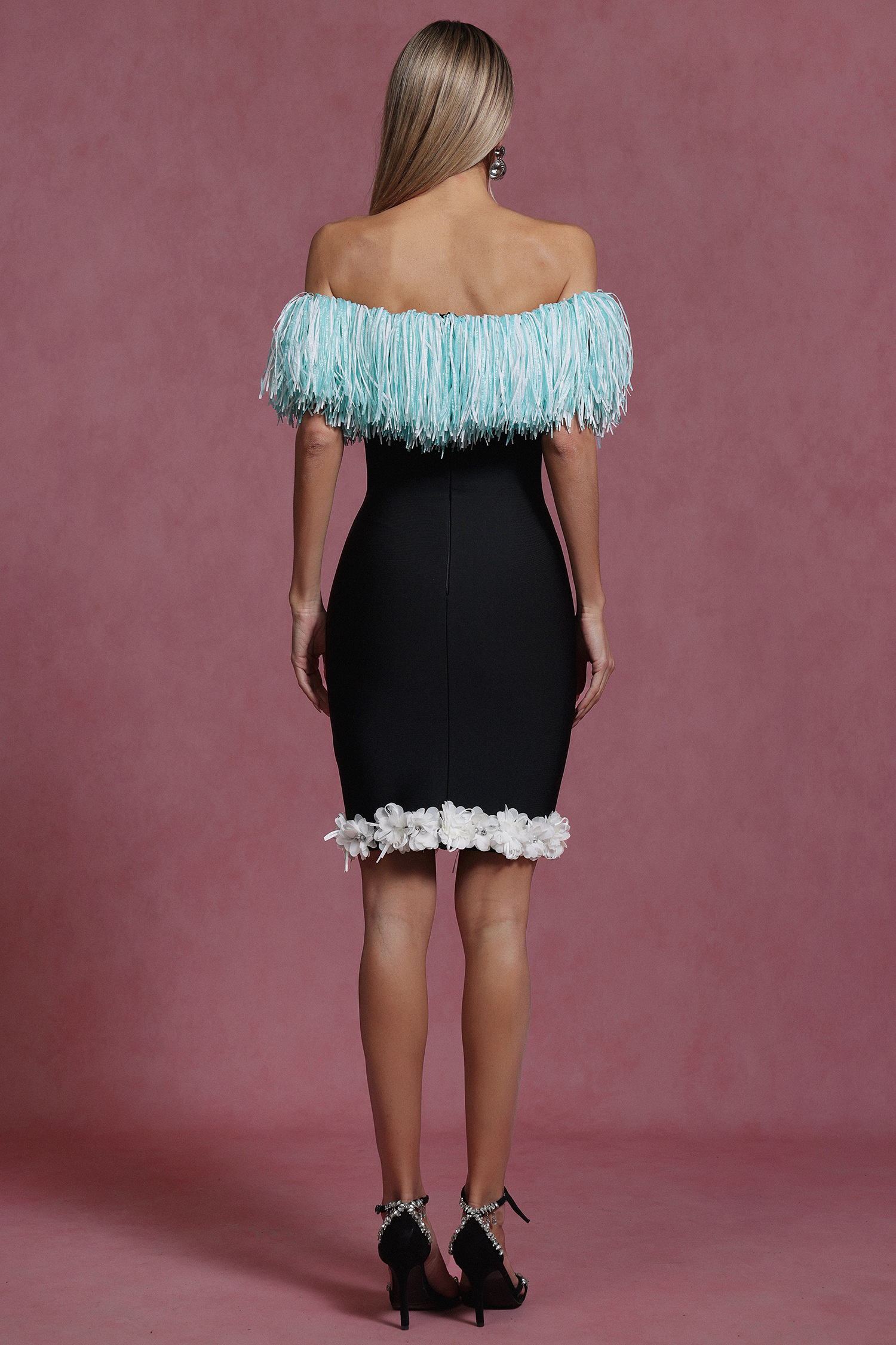 Lucy Off-The-Shoulder Tassel Flowers Bandage Mini Dress