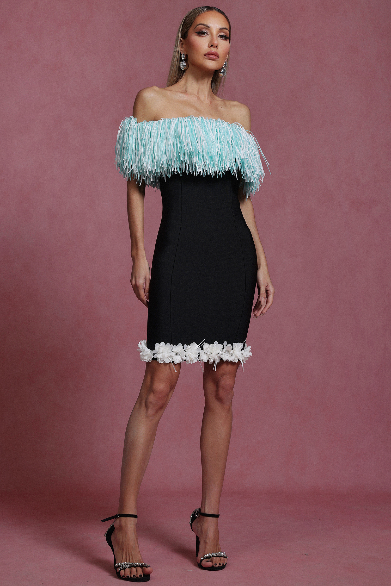 Lucy Off-The-Shoulder Tassel Flowers Bandage Mini Dress